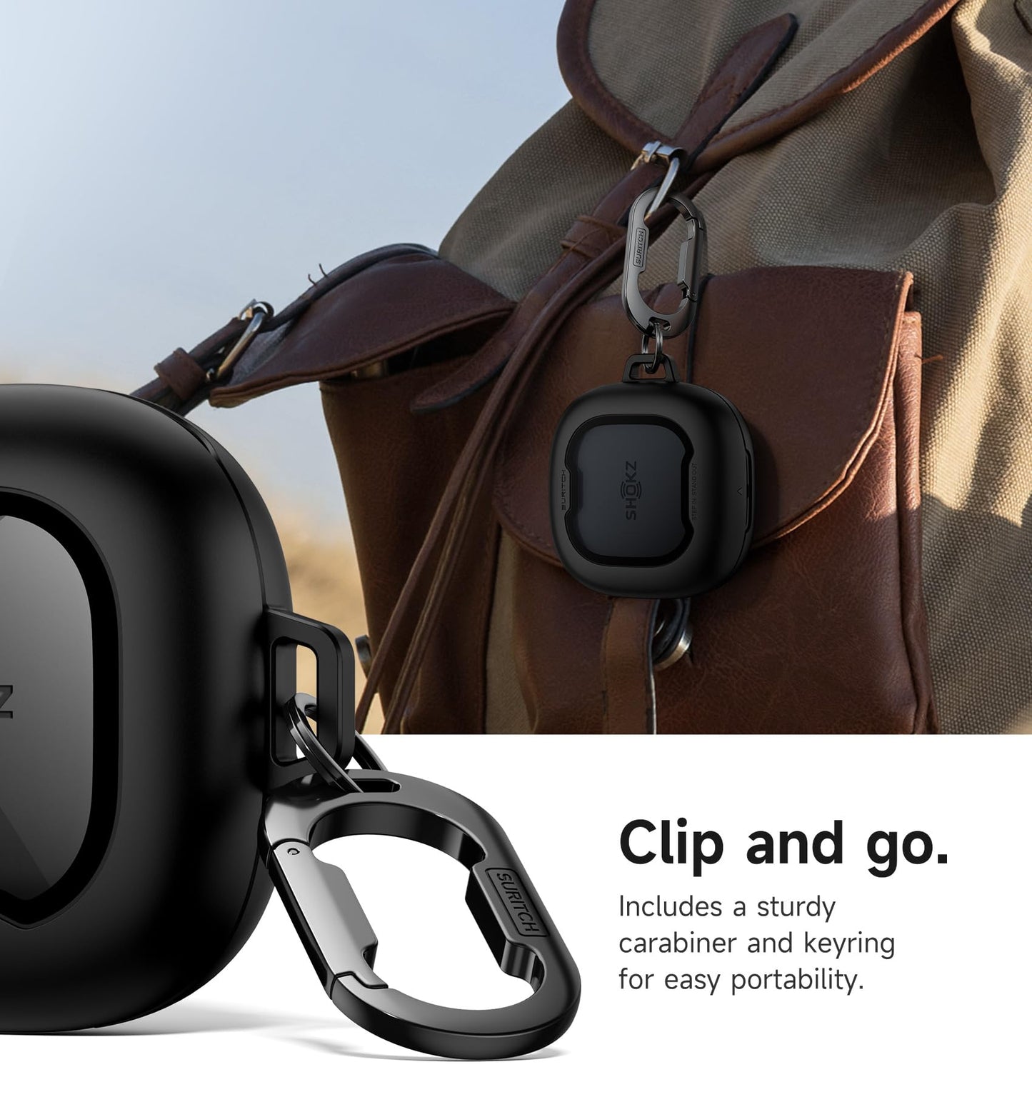 SURITCH for SHOKZ New OpenFit 2 Case Cover, Magnetic Locking Cases for SHOKZ OpenFit 2 Open-Ear Headphones, Shockproof Bumper Protective Covers with Carabiner & Keyring & Cleaner Kit, Black