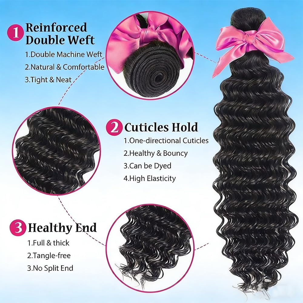 Human Hair Bundles - 100% Unprocessed Brazilian Virgin Deep Wave | 20-Inch Curly Weave Extensions for Women - Natural Black