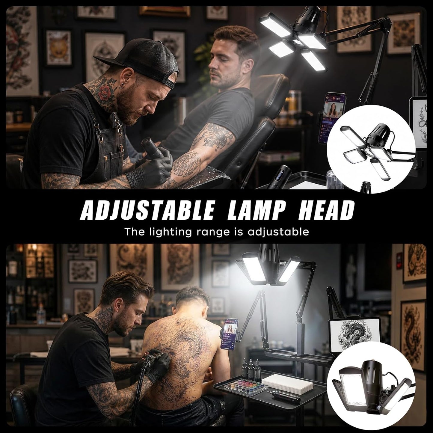Tattoo Workstation - Multifunctional Tattoo Tray Cart with Light & Wheels | Mobile Phone & Tablet Holder, Magnetic Ink Tray