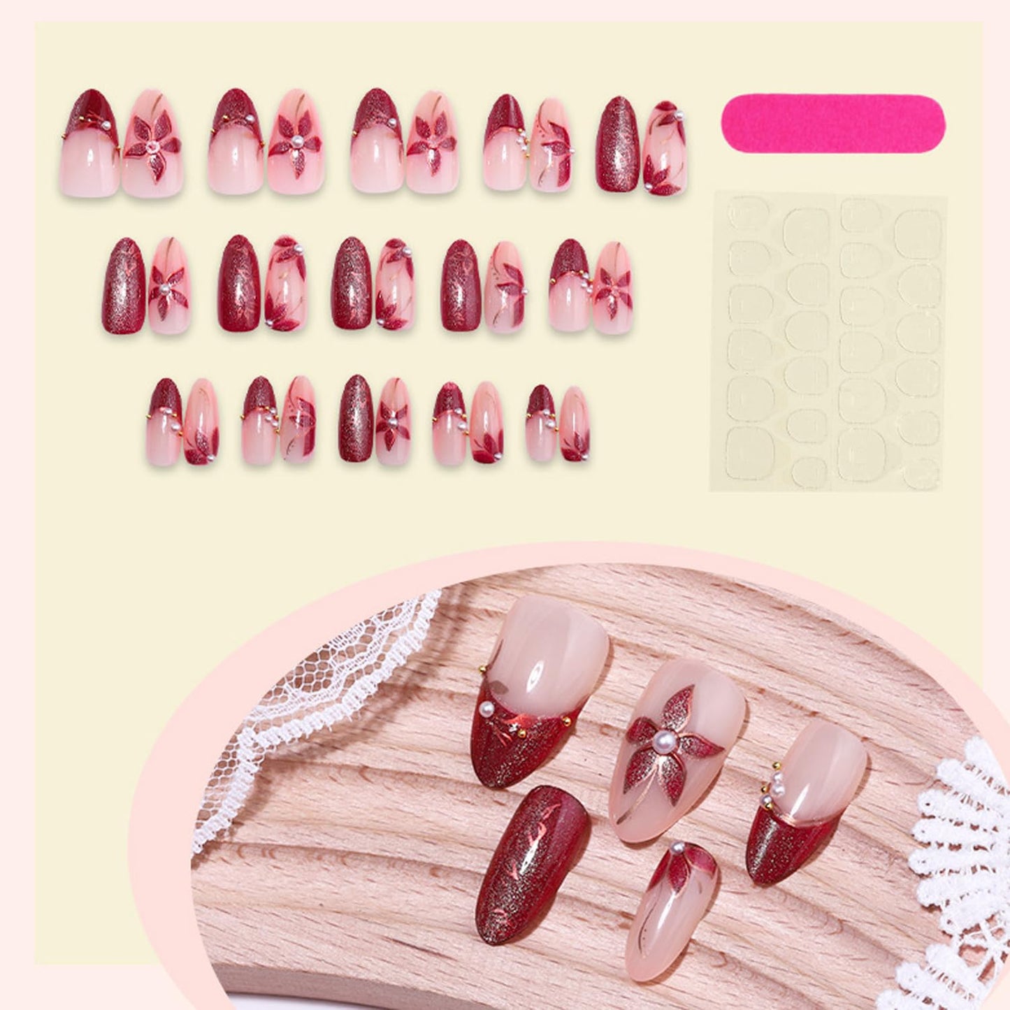 Almond Press On Nails - 30Pcs Medium Fake Nails with 3D Floral Art | Red French Gradient Acrylic for Women