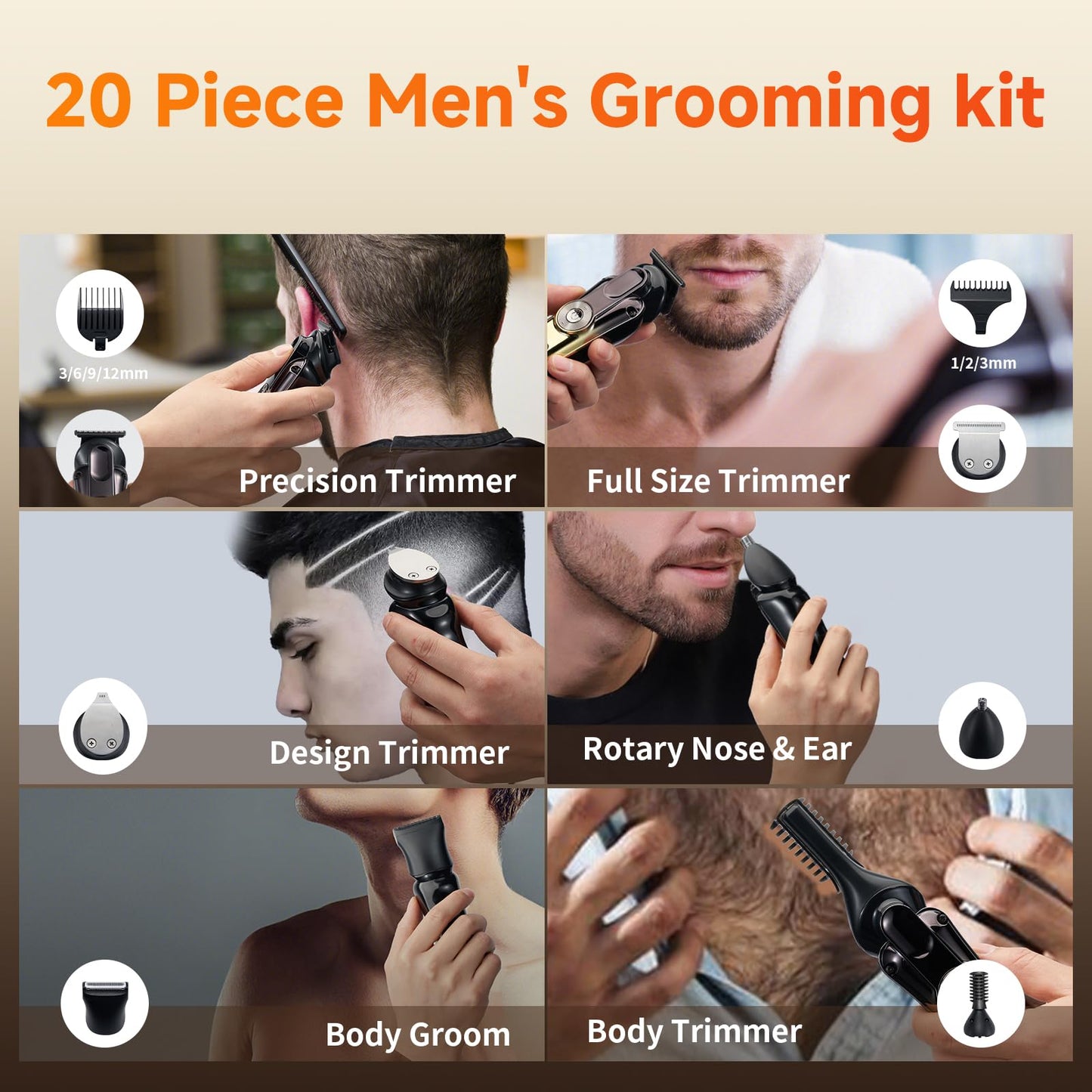 KOMINGDON 20 Piece Hair Clipper Beard Trimmer for Men, All-in-One Men's Grooming Kit for Nose,Ear,Body,Mustache, Cordless Electric Shaver Razor with IPX6 Waterproof,120-Min Runtime,LED Display