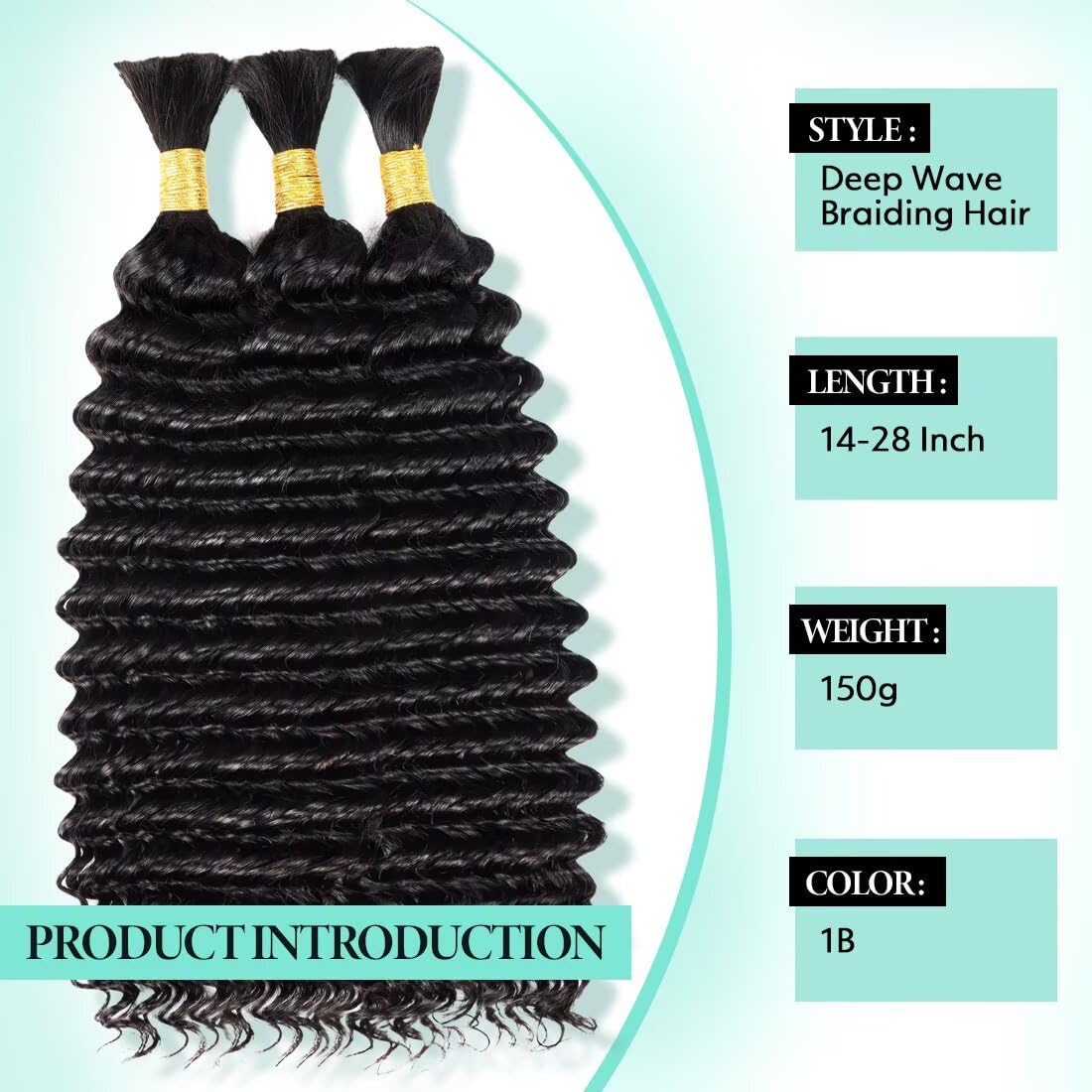Boho Hair for Braiding, Curly Virgin Human Braiding Hair for Women, 12A Knotless Deep Wave Bulk Bohemian Styles, 150g 16 Inch 3 Bundles/Pack Natural Black