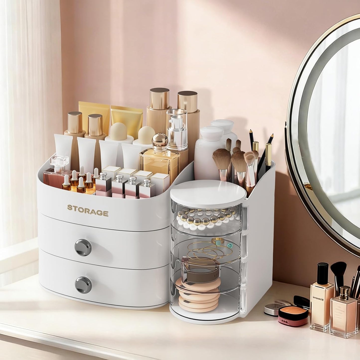Makeup Organizer for Vanity - Skincare & Cosmetic Storage with Drawers | Brush Holder, Lipstick, Jewelry - White