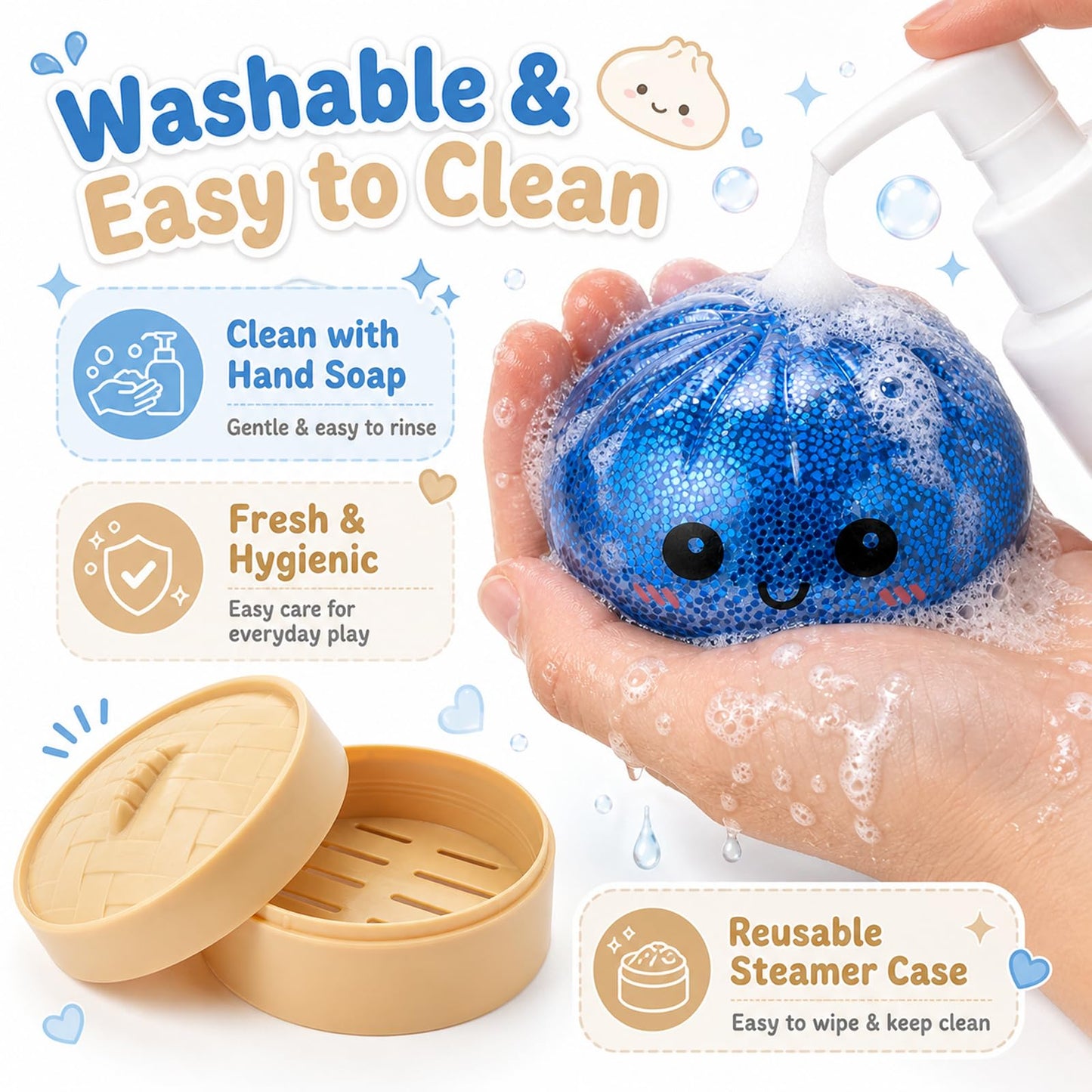 Crossunx Glitter Blue Dumpling Squishies Stress Balls, Colorful Squishies Dumpling Fidget Sensory Toy with Food Steamer, Squeeze Dough Ball for Stress Relief, Stretchy Desk Toys Gift