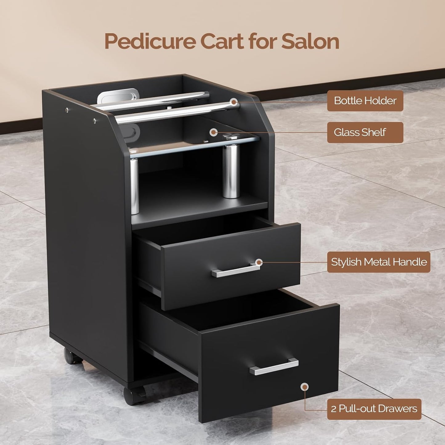 Pedicure Cart - Portable Foot Bath Trolley with Storage Drawer & Bottle Racks | Black Salon Station for Estheticians