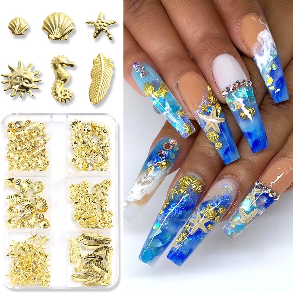 3D Star Nail Art Charms - Gold Metallic Studs & Rhinestones | Mixed Styles for DIY Manicure Supplies