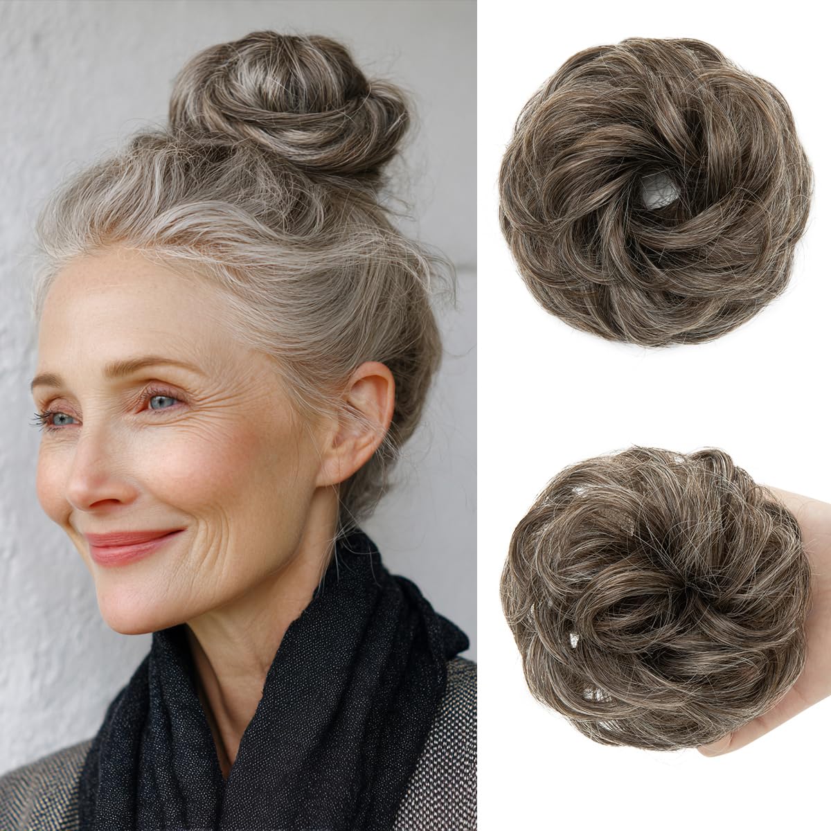 Small Messy Bun Hair Pieces for Women - Synthetic Curly Mini Scrunchies | 2PCs Pepper Brown