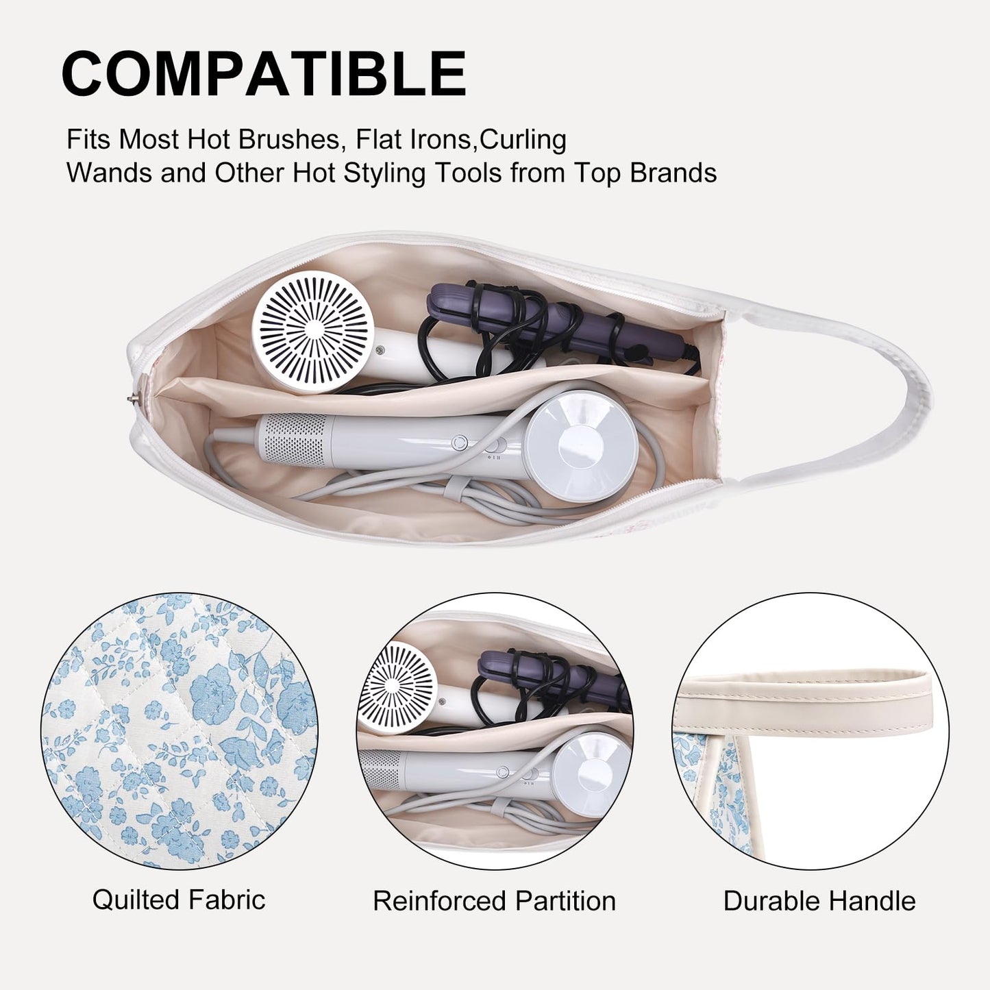 idoltimes Quilted Hair Tools Travel Bag, Compatible with Dyson Airwrap Styler, Portable Cotton Floral Organizer Case for Shark FlexStyle Attachments Storage