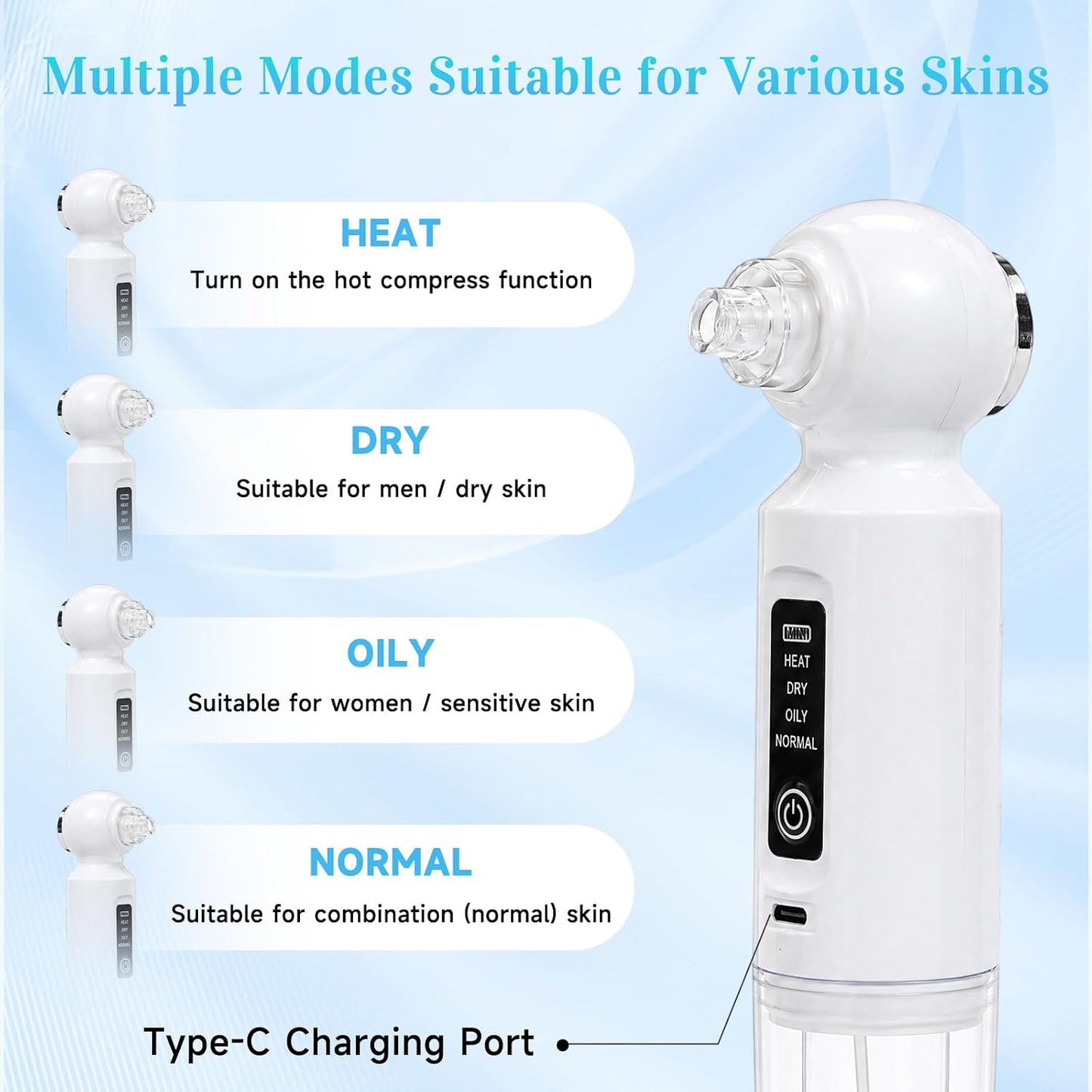 Blackhead Remover Vacuum - 6 Heads Facial Pore Cleaner with 46° Warm Compress | USB-C, 3-Level Suction