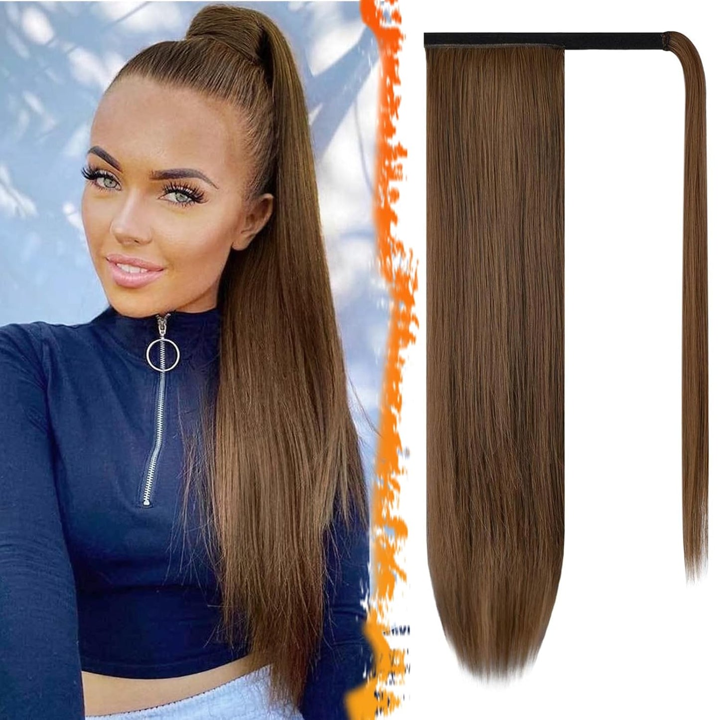 Dark Brown Straight Ponytail Extension - 28 Inch Clip-In Hairpiece for Women | Synthetic Wrap Around Style