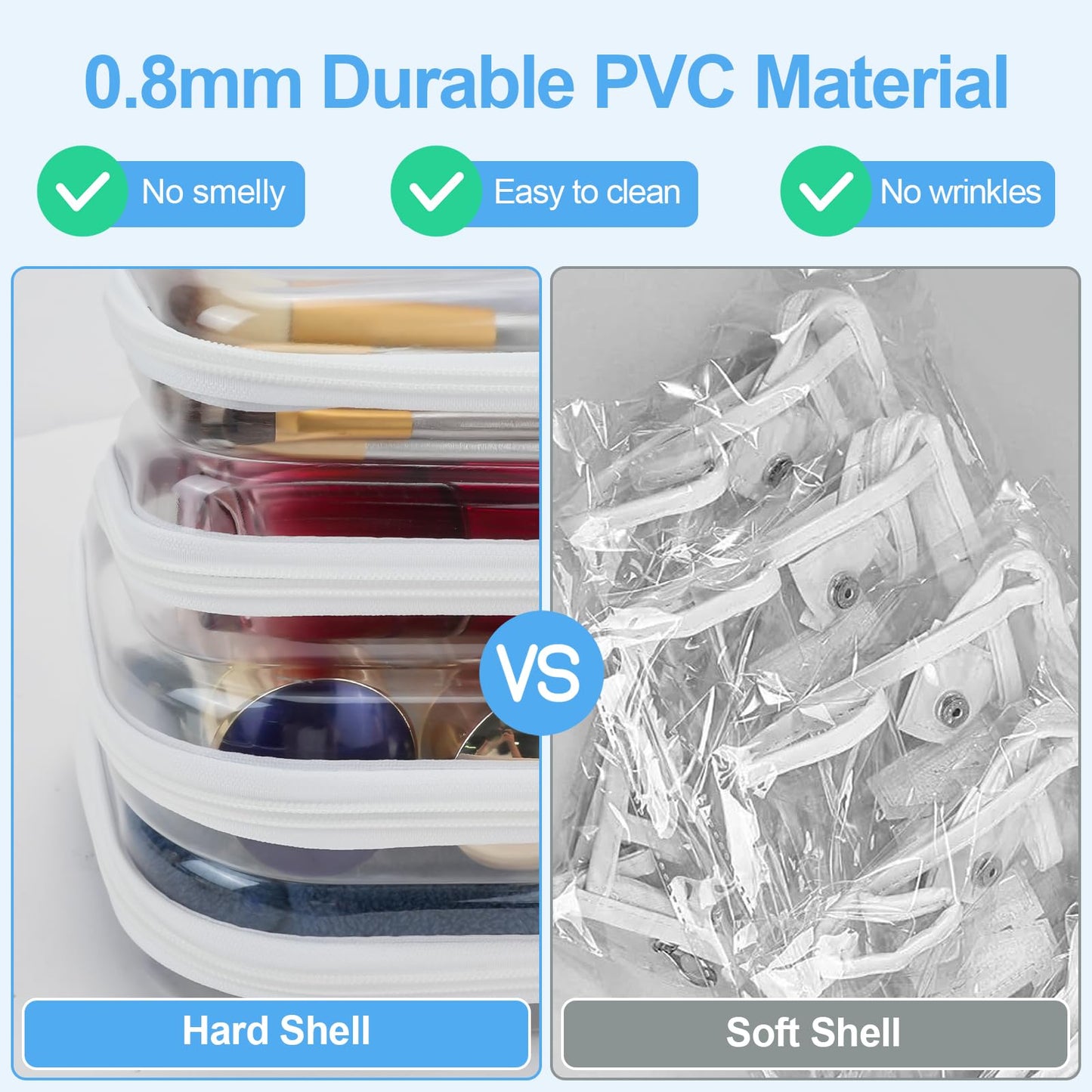 FHUIEWRY 4 Pcs Clear Hard Shell Zipper Case, Clear Zipper Pouches Makeup Box Hard Plastic Travel Toiletry & Cosmetic Bag Portable Travel Organizer Bins for Snacks, Blocks, Puzzles(2S+2M)