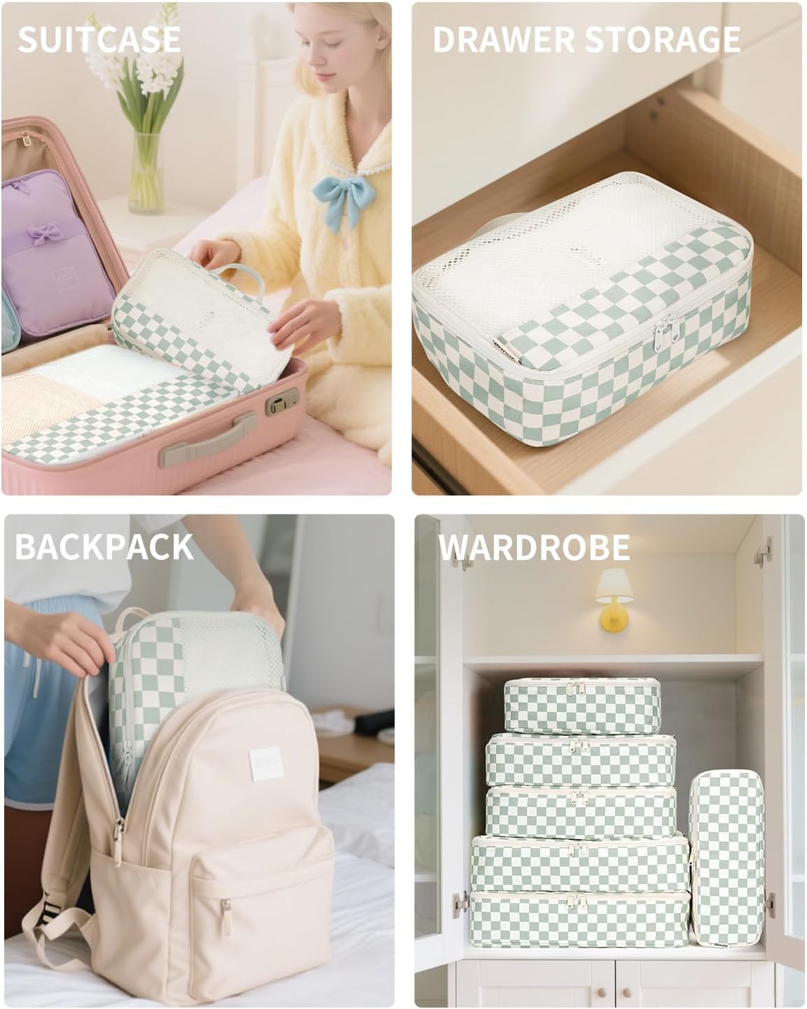 Checkered Packing Cubes Set - Durable Travel Organizer Bags for Kids & Women | Mint Green Checkerboard