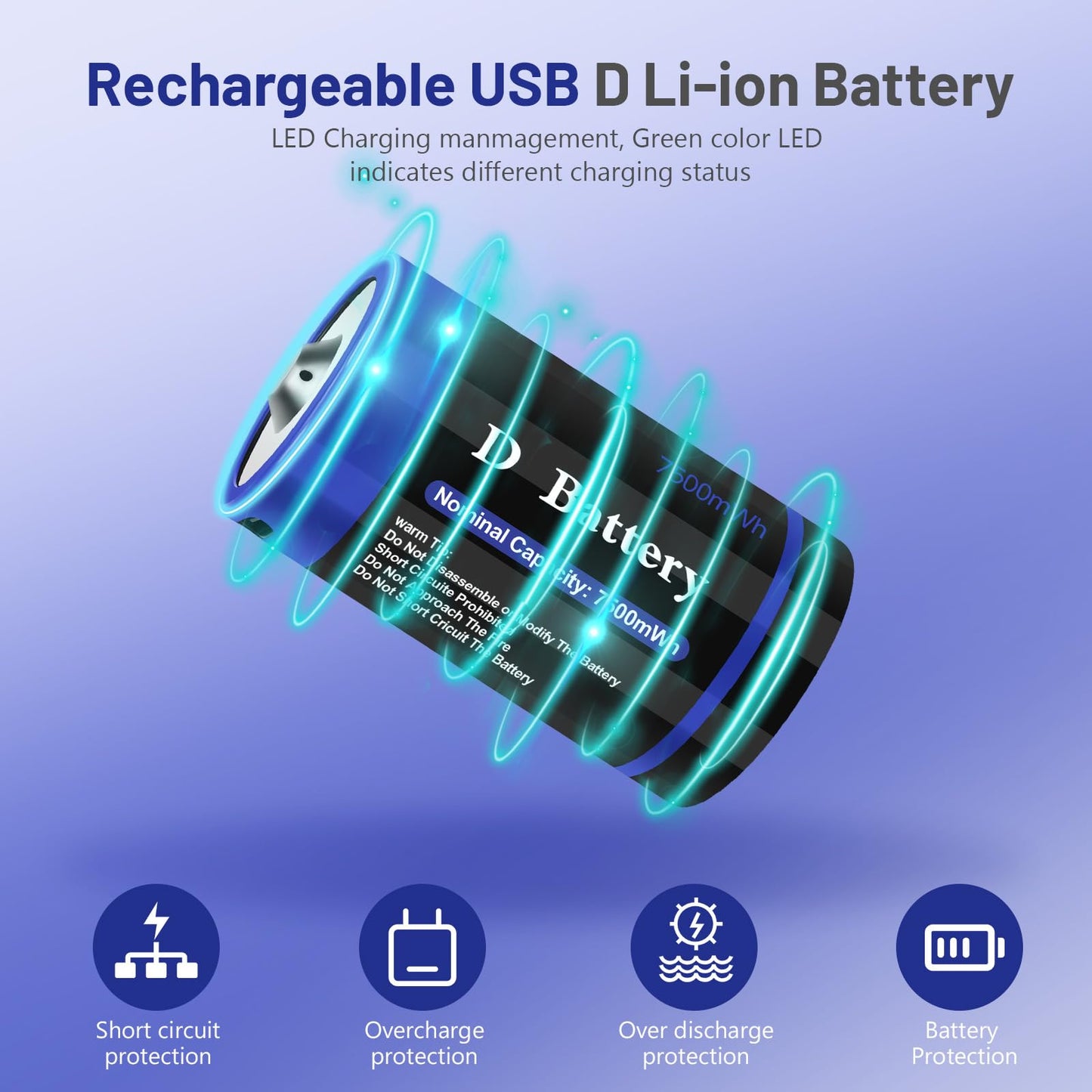 wowpower Rechargeable Lithium D Cell Batteries 7500mWh with USB-C Charging Cable, 1.5v LR20 D Size Battery for Flashlight/Floodlight &Toys(2 Pack)