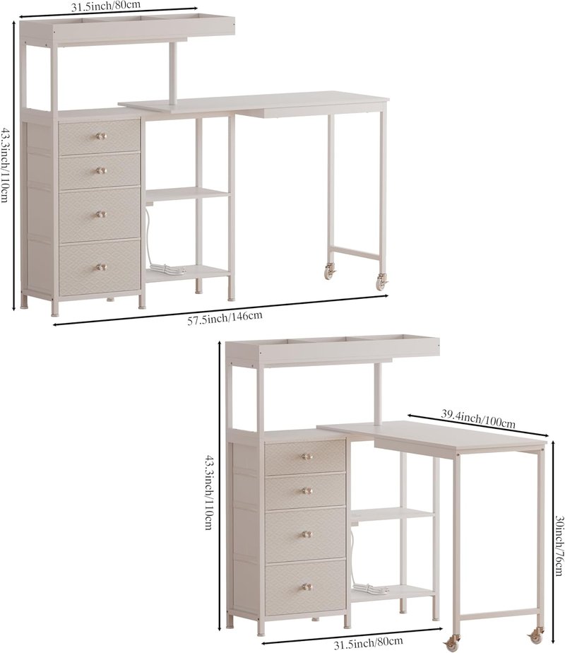 L-Shaped Manicure Table - Rotating Nail Workstation with Drawers & Charging Station | White
