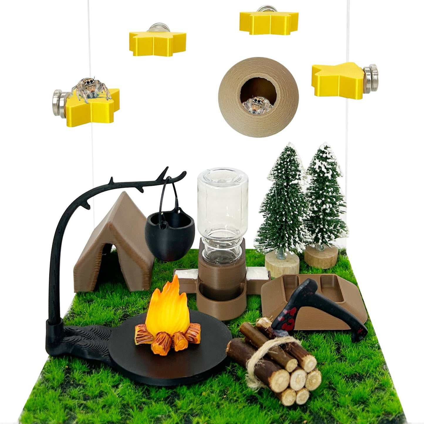 Jumping Spider Enclosure Accessories,with Enclosure Decor Kit,Hide Habitat,Platform,Food Bowl,Water Dispenser for Jumping Spider Habitat (Camping)