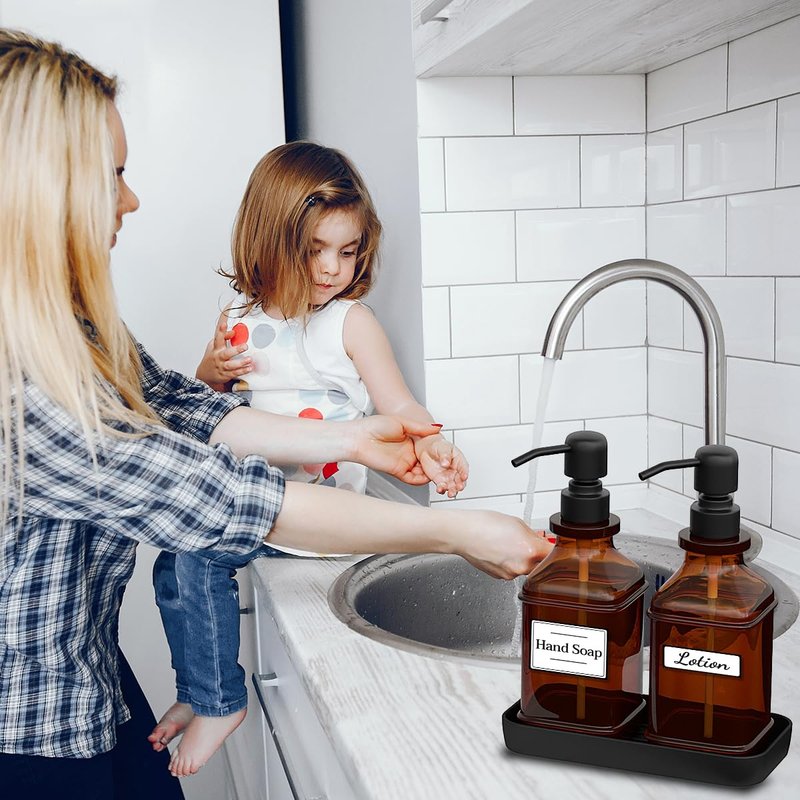 LMQML Soap Dispenser - 2 Pack, Antique Design Thick Amber Glass Hand Soap Dispensers with Sturdy Tray; 304 Rust Proof Stainless Steel Black Pump, 12Pcs Stickers, for Kitchen, Bathroom- Black