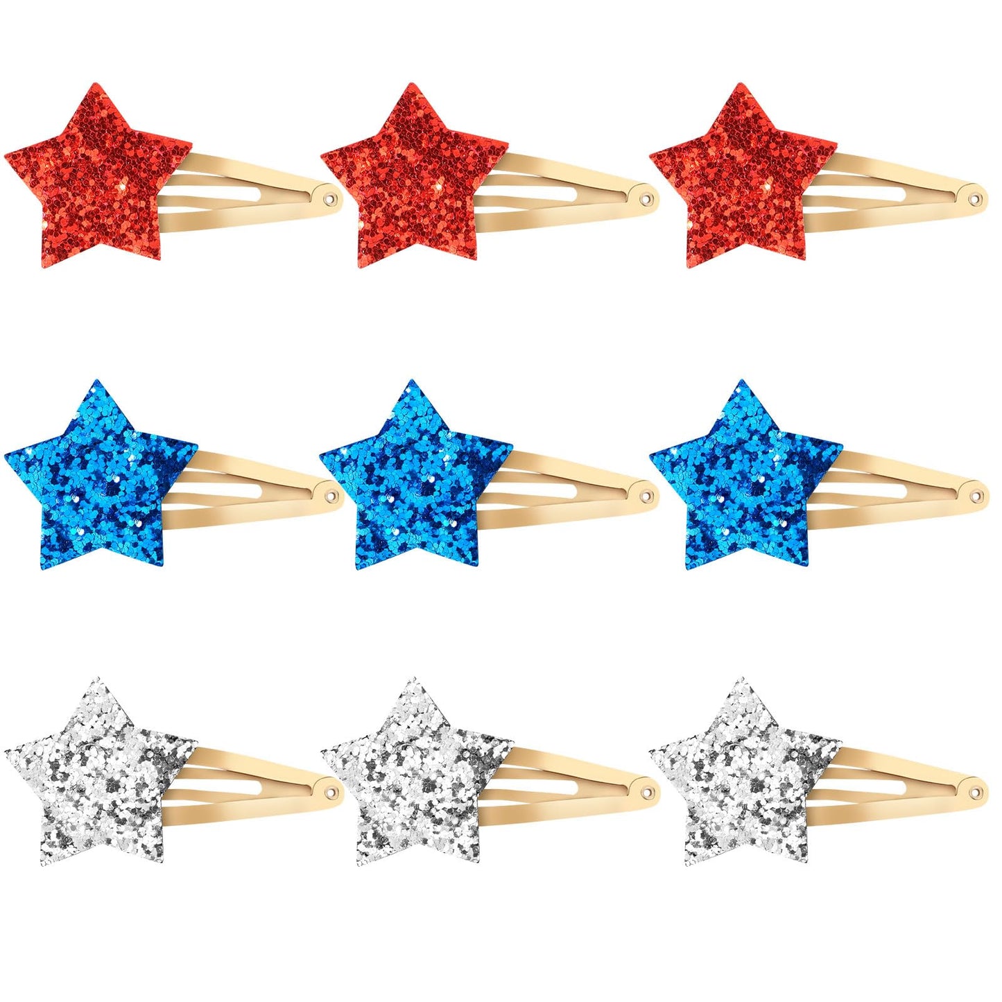 YISSION 9 Pack 4th of July Glitter Star Hair Clips, Red White Blue Patriotic Snap Barrettes, Sparkle Star Hair Accessories for Women Girls, Independence Day Memorial Day Party Hair Grips
