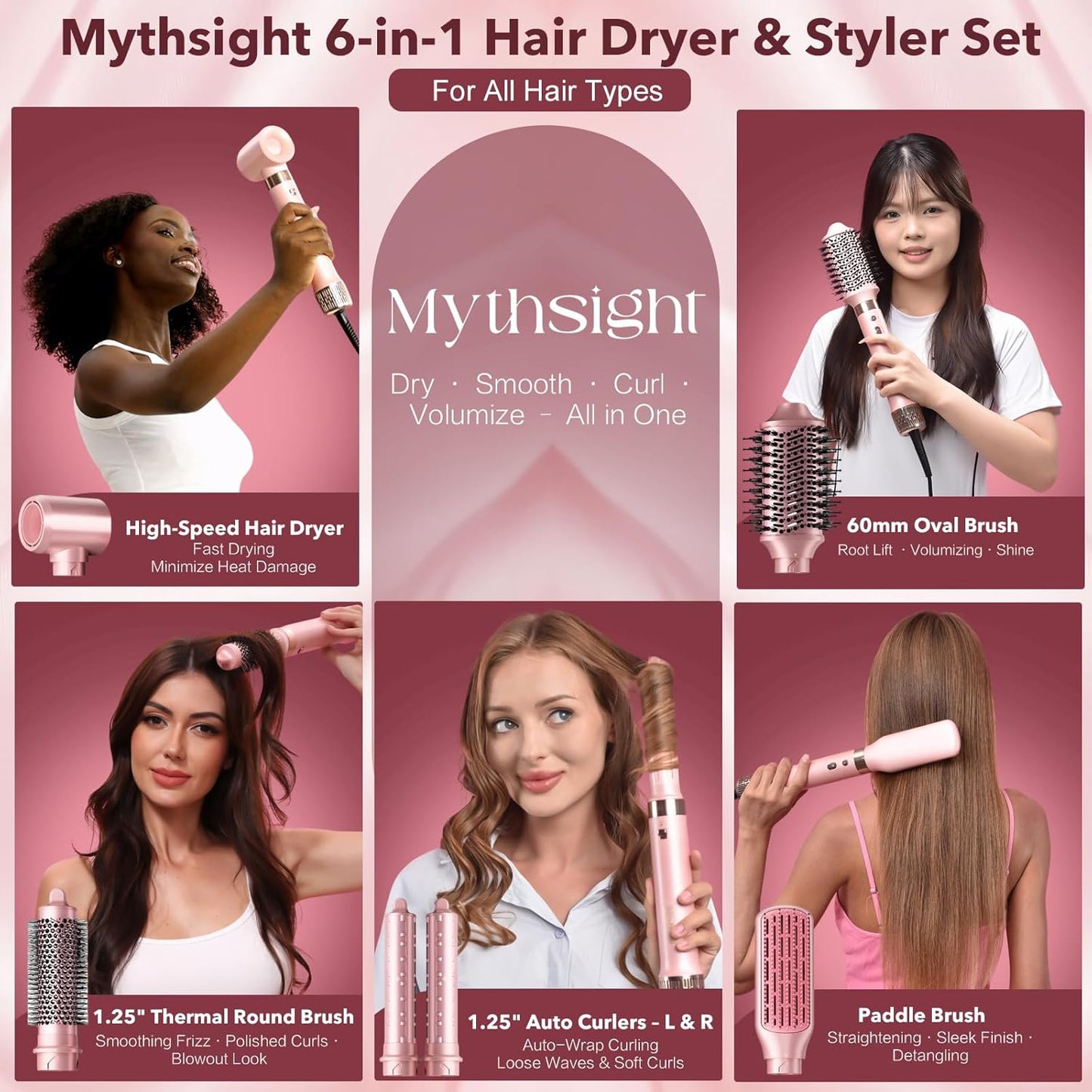 Mythsight 6-in-1 Air Styler & Blow Dryer Brush - Fast Drying, Auto-Wrap Curl, Frizz-Free Finish | Perfect Gift for Women