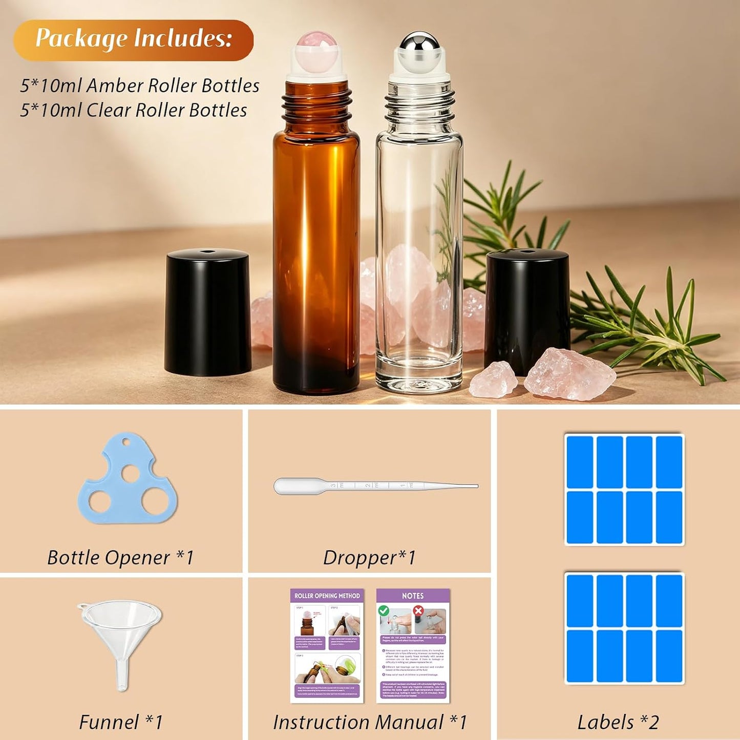 Essential Oils Roller Bottles - 10 Pack 10ml Leakproof Amber & Clear Glass | Rose Quartz & Stainless Steel Balls for Perfume & DIY