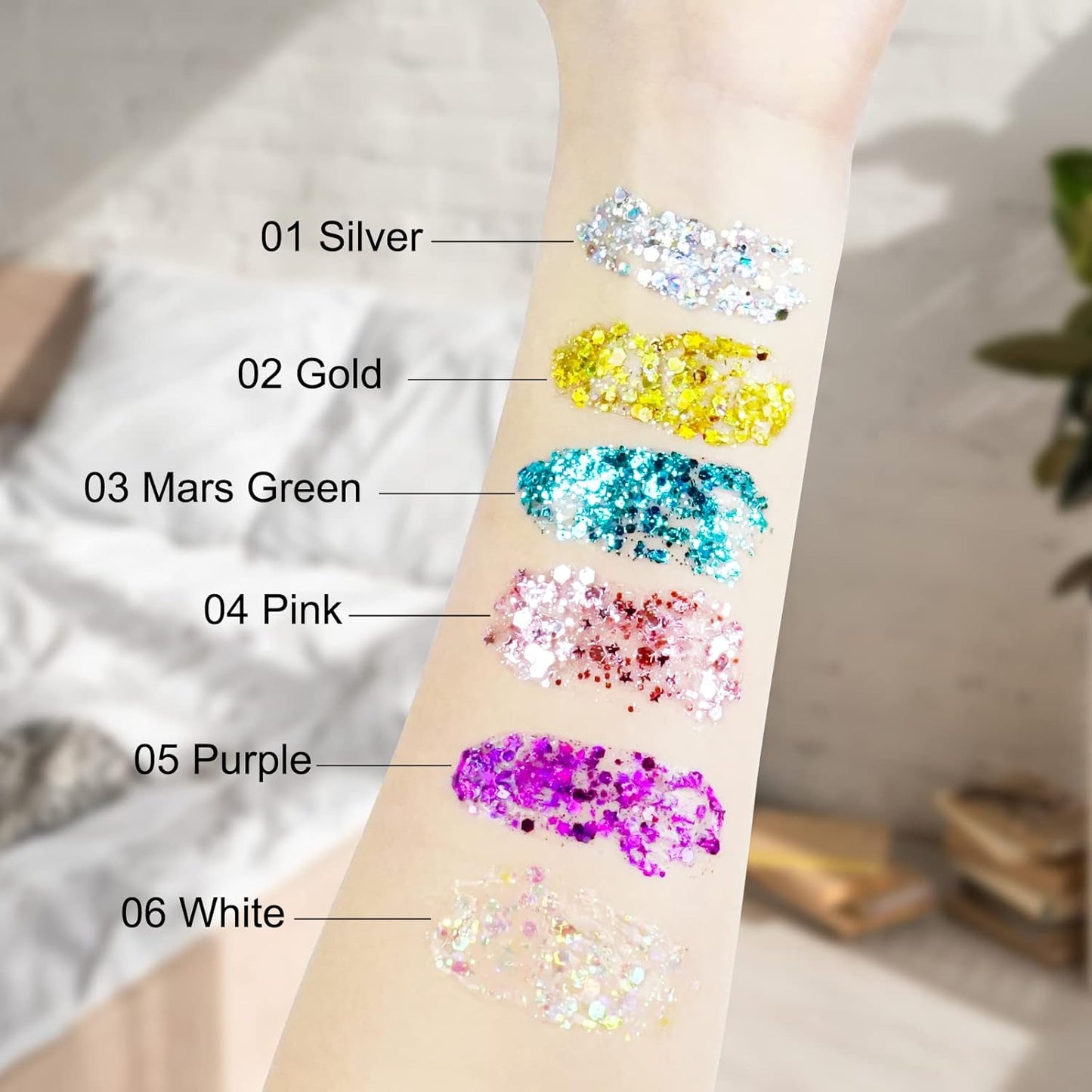 Body Glitter Gel Set - 6 Colors Shimmering Face & Hair Glitter | Festival Makeup & Rave Accessories