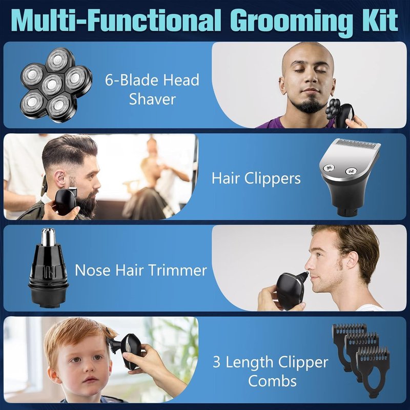 Head Shaver for Bald Men, 6-in-1 Electric Shaver for Bald Head 6D Wet/Dry Waterproof Mens Electric Razor Head Shavers Mens Grooming Kit Cordless Rechargeable Face Head Shaving Rotary Shaver