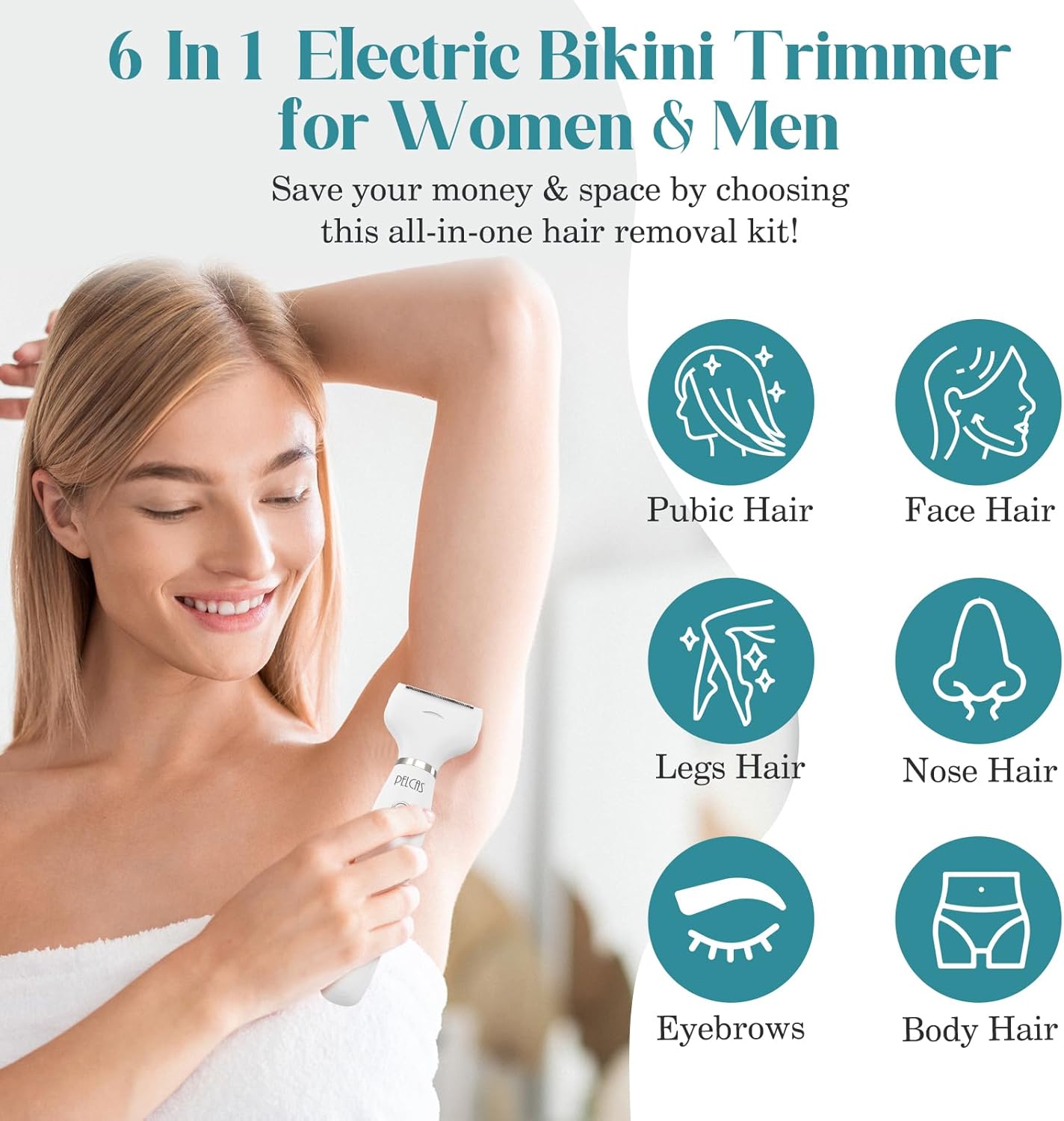Bikini Trimmer Kit for Women - 6-in-1 Electric Shaver & Hair Removal | Cordless, Versatile for Body, Face, Nose, Eyebrow