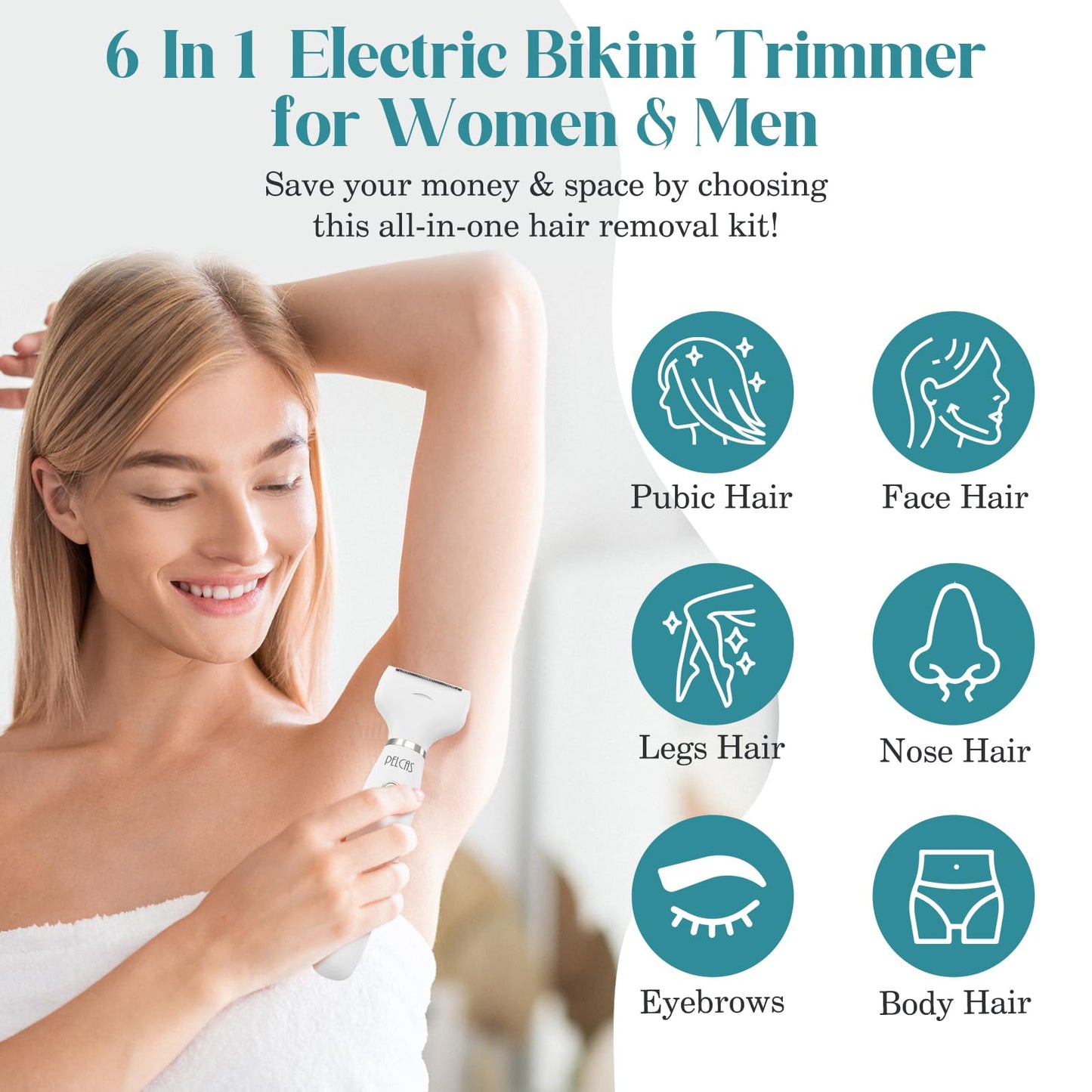 PELCAS Bikini Trimmer for Women Kit 6 in 1 Electric Shaver, Cordless Razors, Nose Hair Trimmer, Shaver for Women & Men Pubic Hair, Private Area, Legs, Face, Nose, Eyebrow, Body Hair Removal
