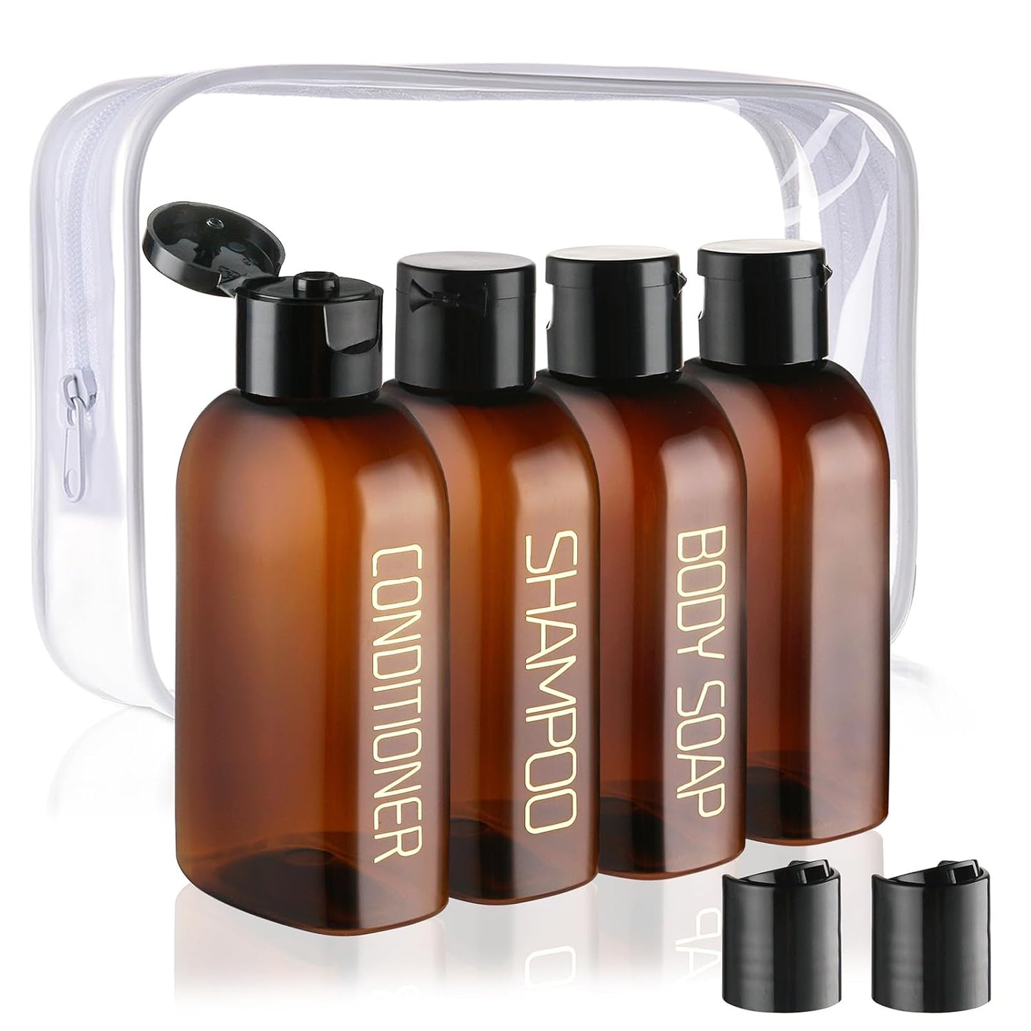 Travel Toiletries Bottles Set - 4PCS 3.4oz Leak Proof Shampoo & Conditioner Containers | TSA Approved Squeeze Bottles