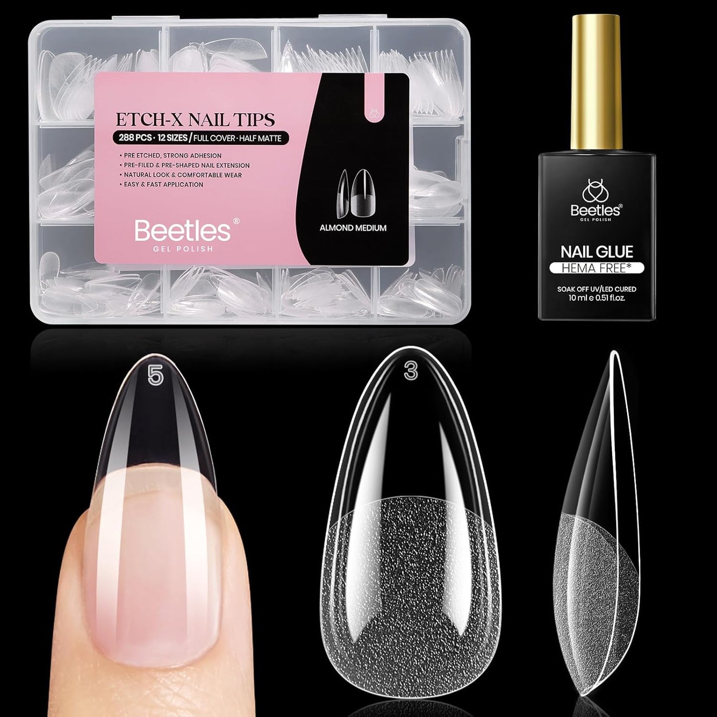 Beetles Gel Nail Kit - Almond Short 288pcs Nail Tips with Hema-Free Glue & Base Gel Set | DIY Acrylic Press-On Nails