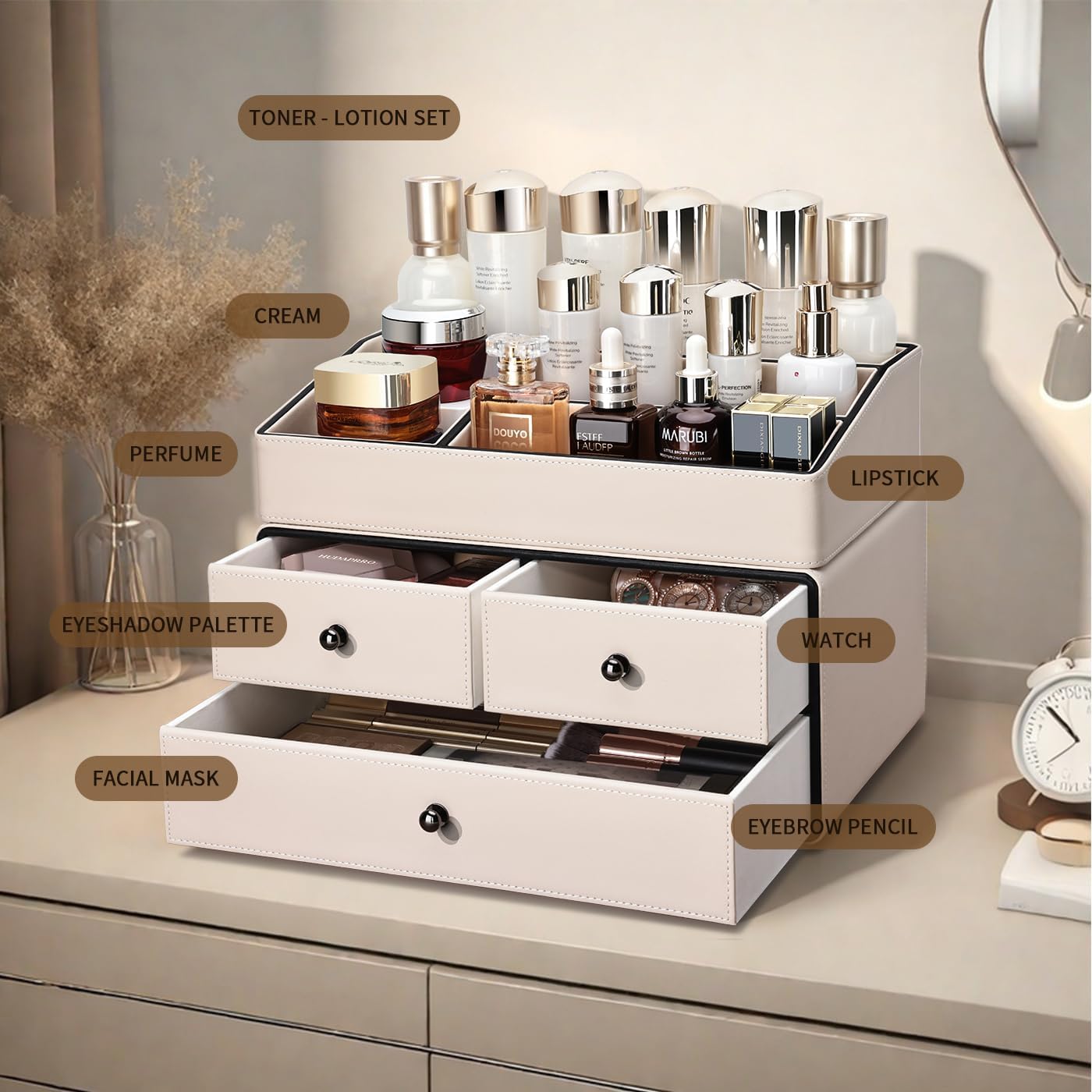 Leather Makeup Organizer - 3 Drawer 2 Tier Cosmetic Storage for Vanity & Bathroom | Beige