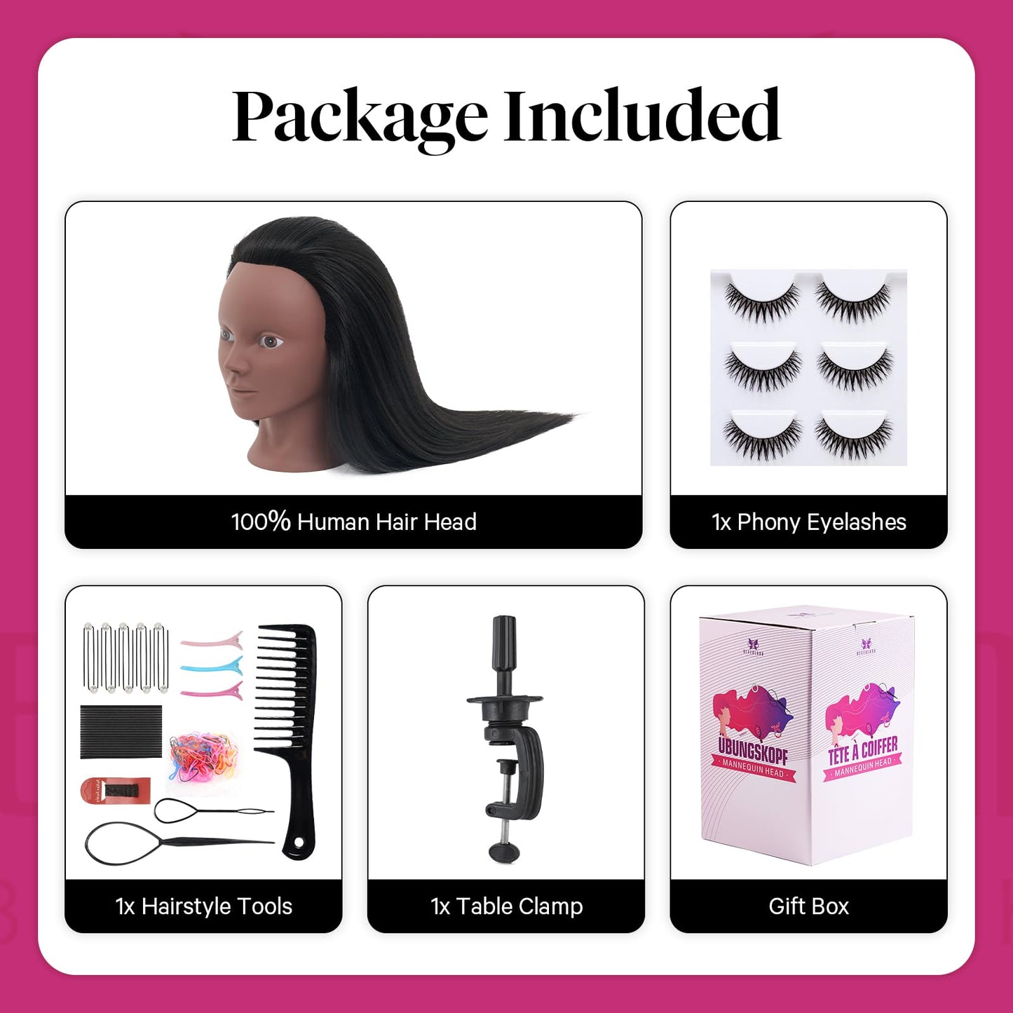 18" Mannequin Head Human Hair - 100% Real Hair Mannequin Head for Makeup Practice, Cosmetology Manikin Doll Head for Hair Styling, Hairdressing Training Head for Braiding with Table Clamp,Black
