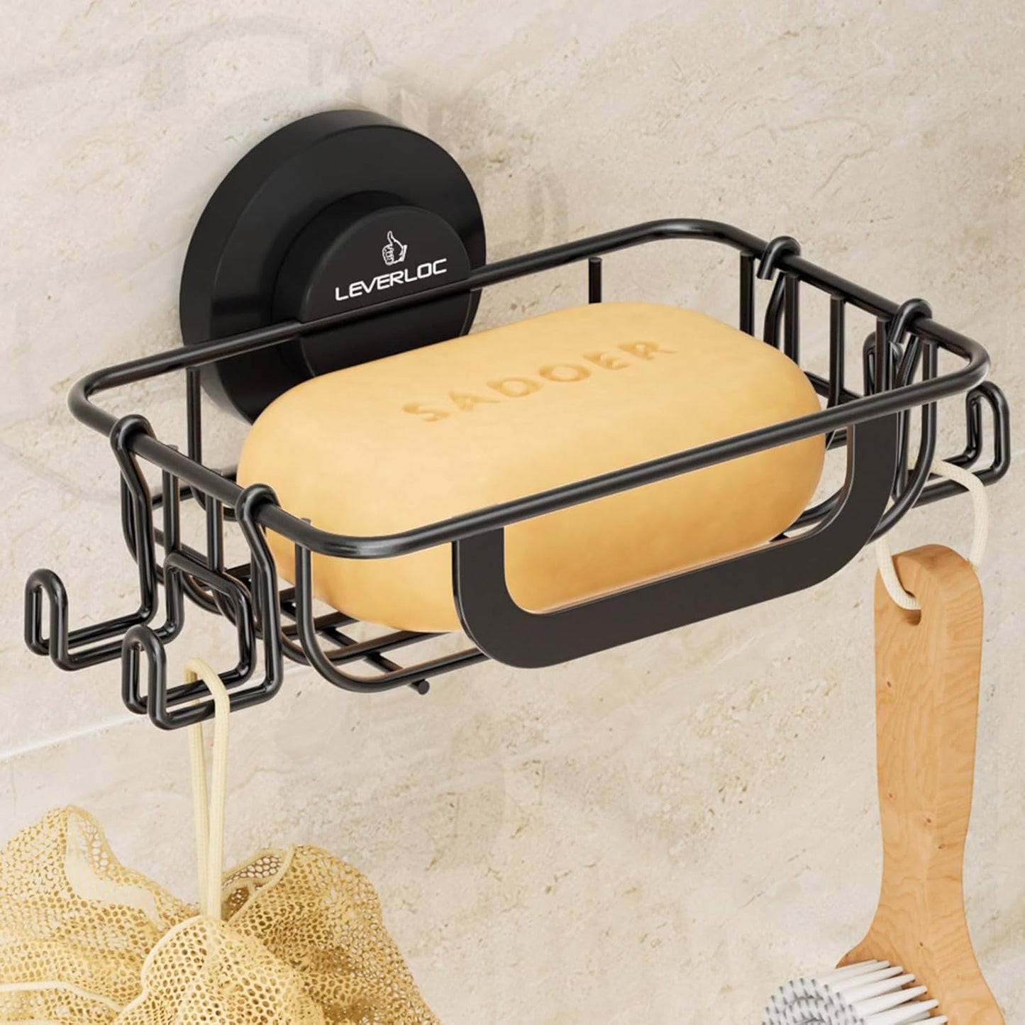 LEVERLOC Bar Soap Holder - Rustproof Stainless Steel Shower Soap Dish with Hooks | Black