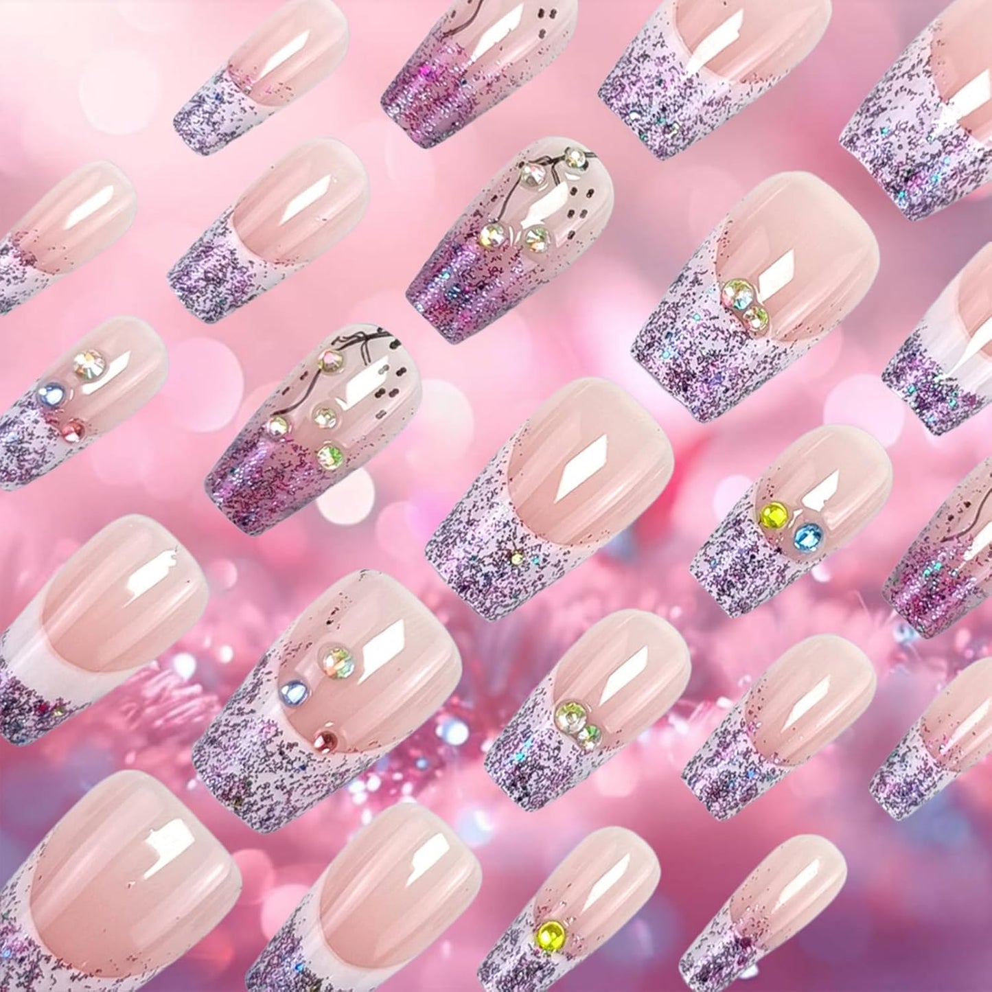 Glossy Purple Glitter French Tip Press-On Nails - Medium Coffin Shape with Rhinestones | 24 Pcs Full Cover Acrylic Set