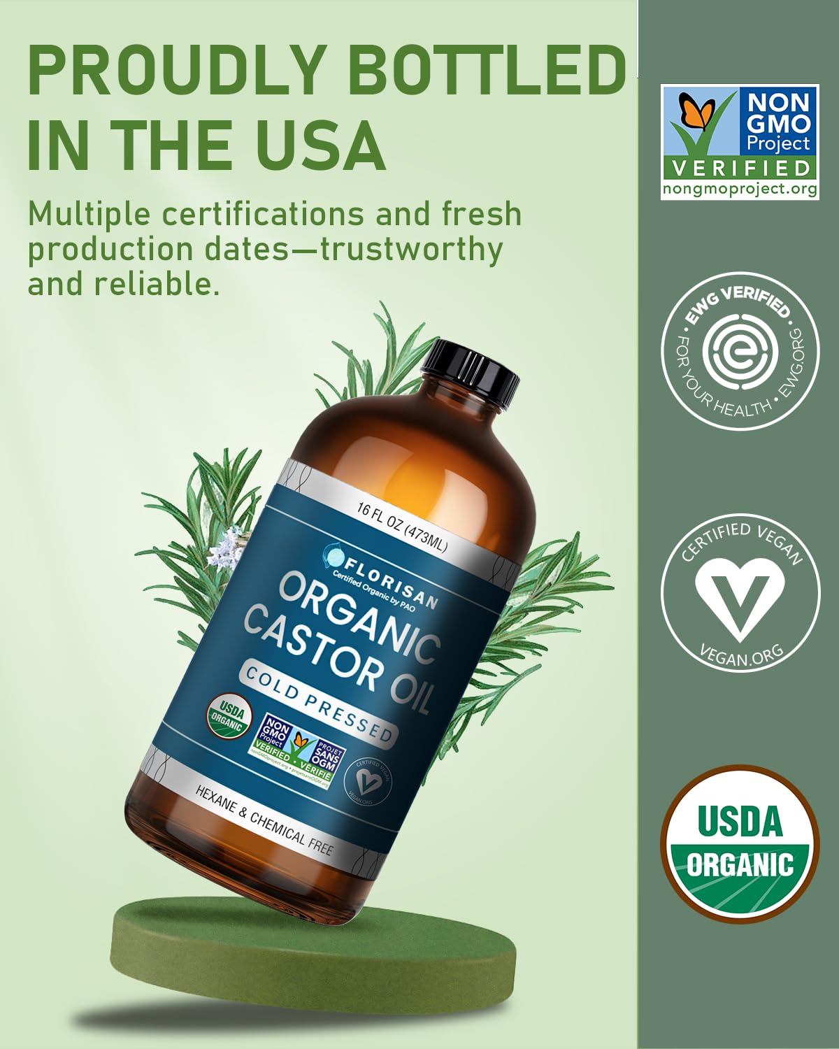 Organic Castor Oil - USDA Certified, Cold Pressed, Hexane-Free | 16oz Glass Bottle for Hair Growth, Skin & Lashes