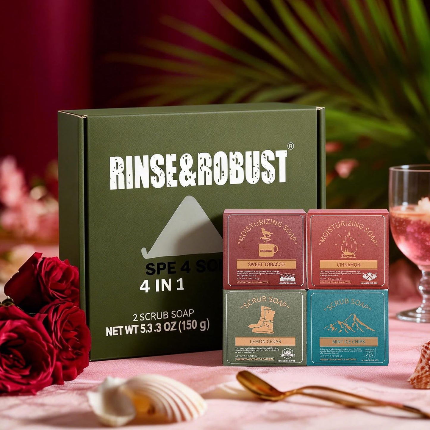 Rinse & Robust Mens Bar Soap Cleansing Bar Moisturizing & Exfoliating Scrub Soap Gift Set for Men | 4 in 1 Face Body Hand Beard Wash | Cinnamon, Lemon Cedar, Mint Ice Chips, Tobacco | 5.3 oz of 4 Bars