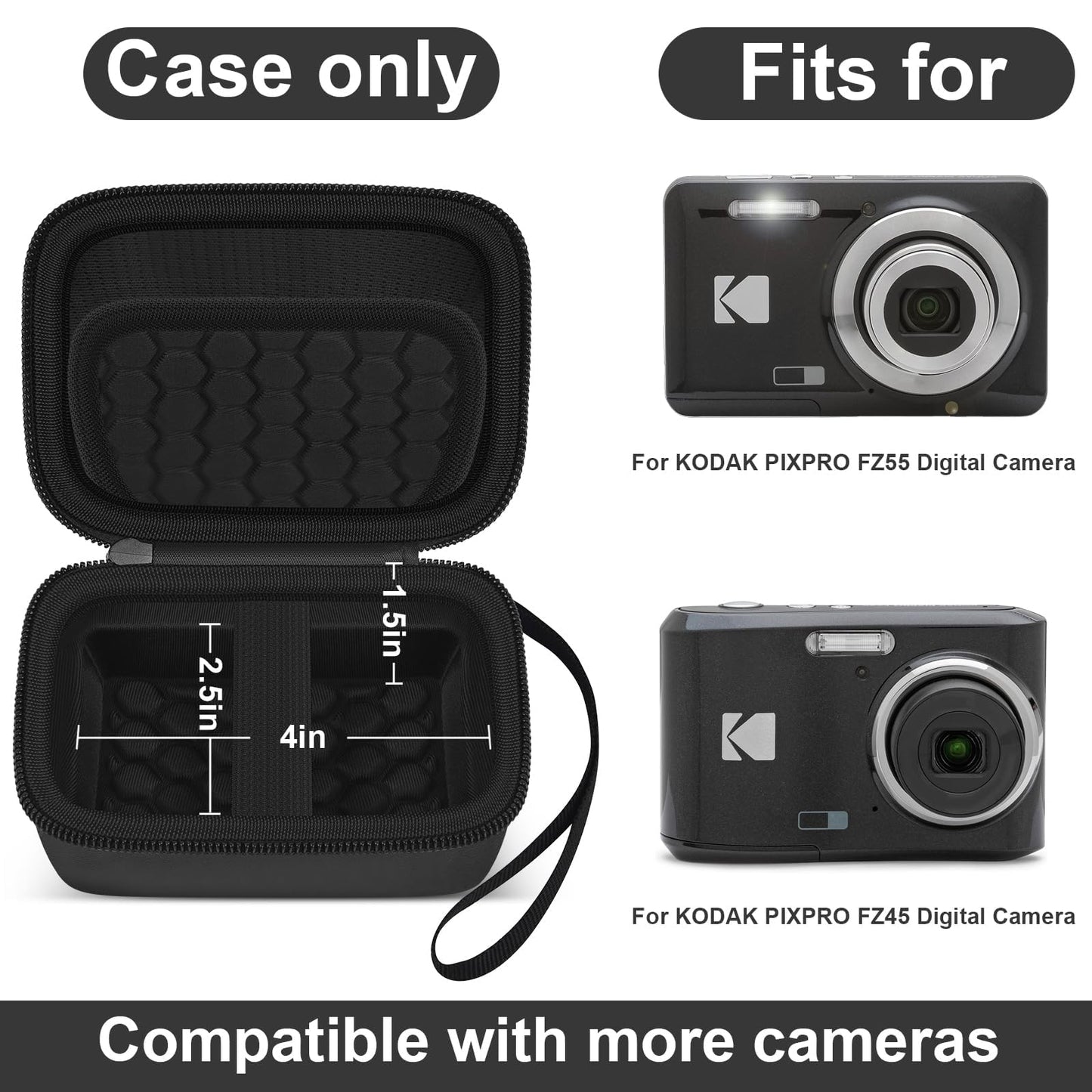 Digital Camera Case for KODAK PIXPRO FZ55/ FZ45/ FZ53/ FZ43 16MP Video Vlogging Cameras, Travel Storage Holder Bag with Mesh Pocket for Batteries, Cables, Memory Cards, Card Reader- Black (Box Only)
