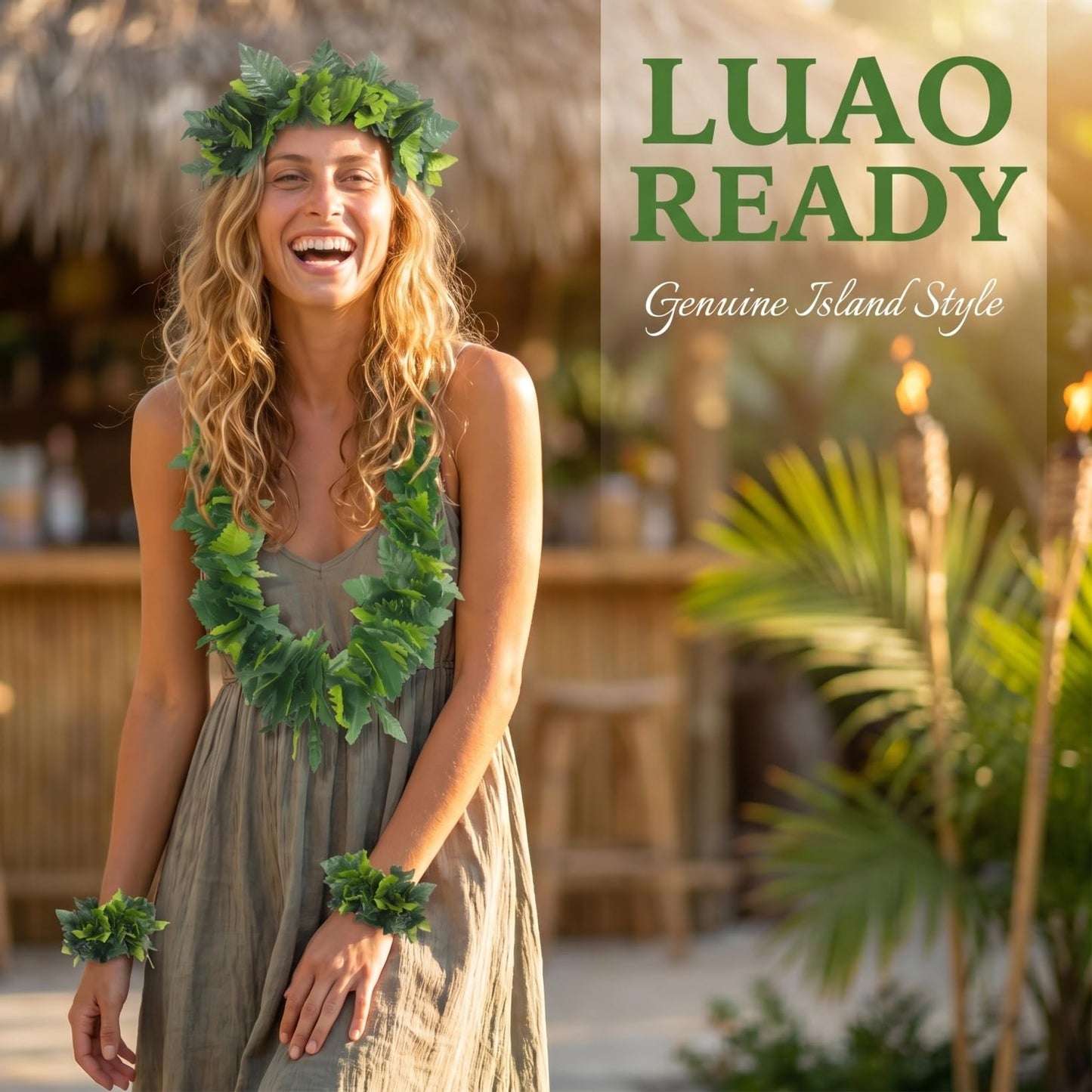 Housoutil Hawaiian Green Leaf Leis Set, Green Hawaiian Party Garland, Tropical Hula Dance Accessories, Artificial Foliage Necklace Headband Wristbands, Summer Beach Jungle Hula Costume for Party
