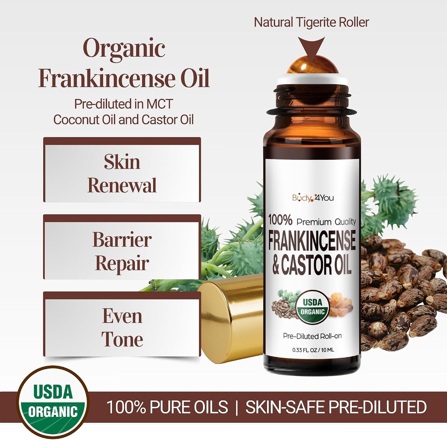 Castor Oil & Frankincense Essential Oil Roll-On | 100% Pure Organic Serum for Dark Circles & Fine Lines - 10ml Travel Size