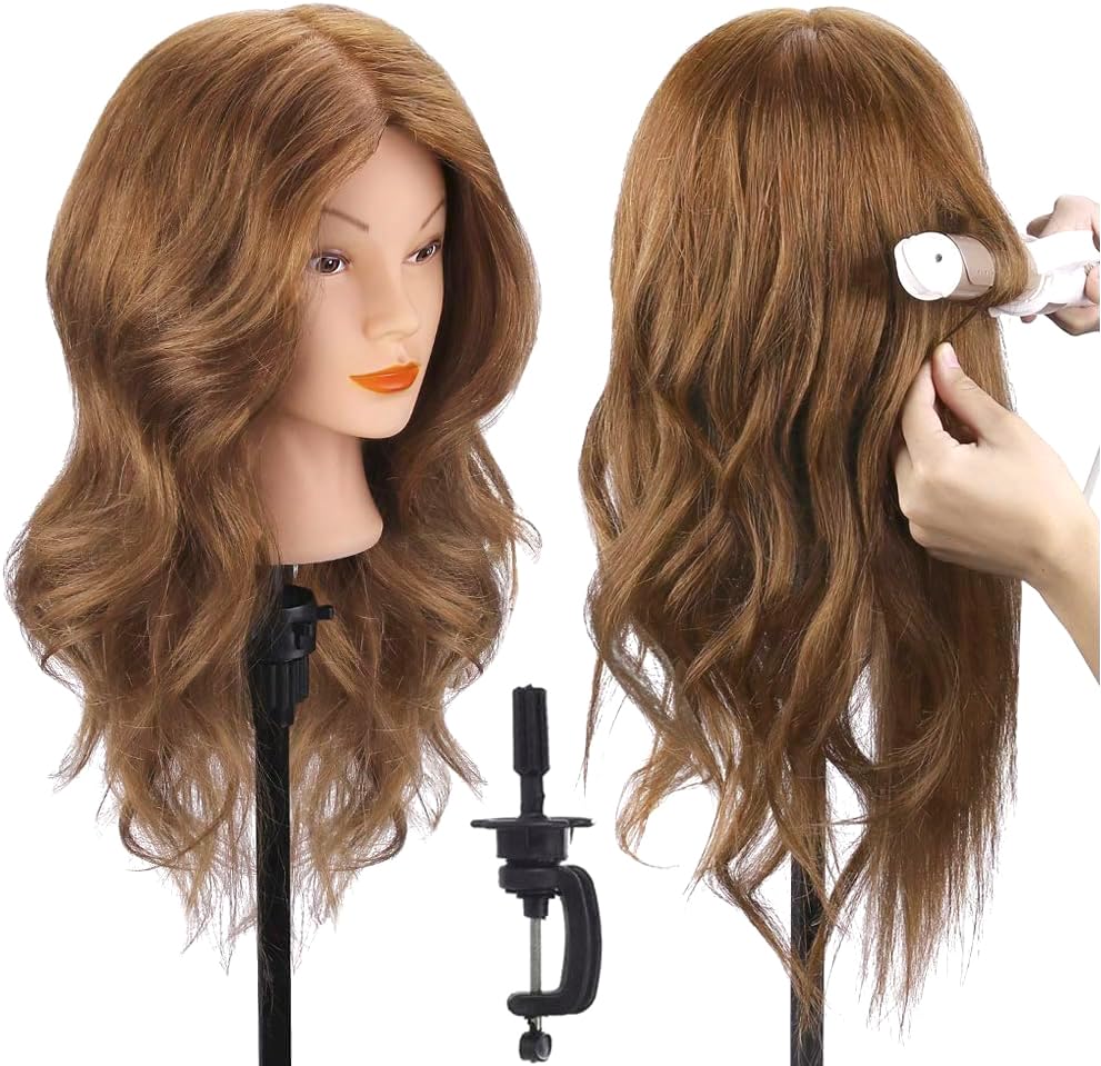 Real Hair Mannequin Head - 18” Brown Cosmetology Training Doll with Clamp & Styling Tools