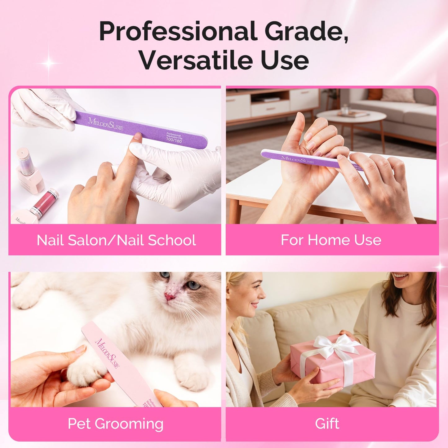 MelodySusie 4Pcs Professional Nail Files 100/180 Grit, Double Sided Emery Boards for Acrylic, Gel and Natural Nails, Manicure Pedicure Shaping Tools for Home Salon, Pink & Purple