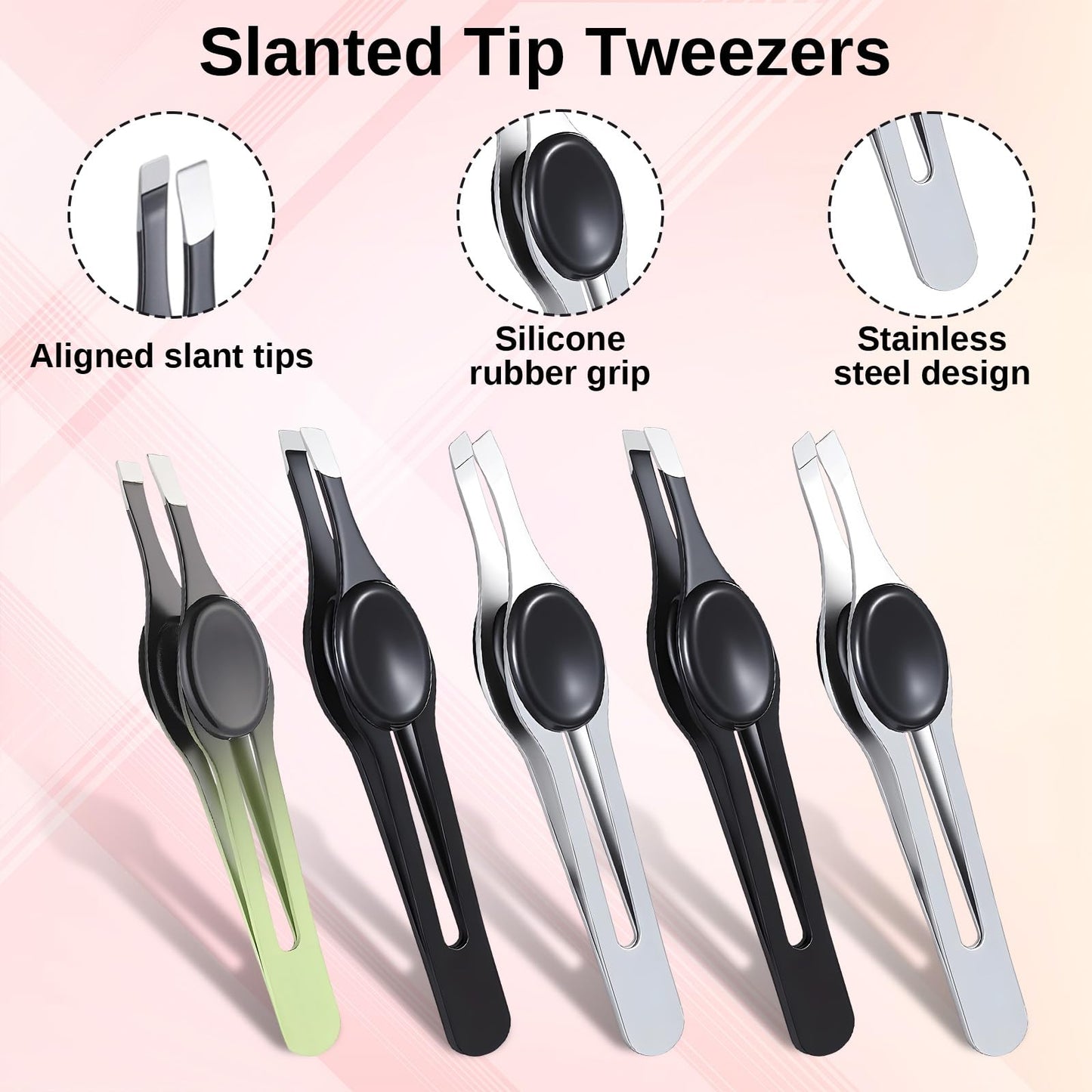 5Pcs Eyebrow Tweezer with Grips Tweezers for Women Facial Hair Ingrown Slant Tip Non Slip Stainless Steel Hair Tweezer with Non-Slip Grip, Black, Silver, Green
