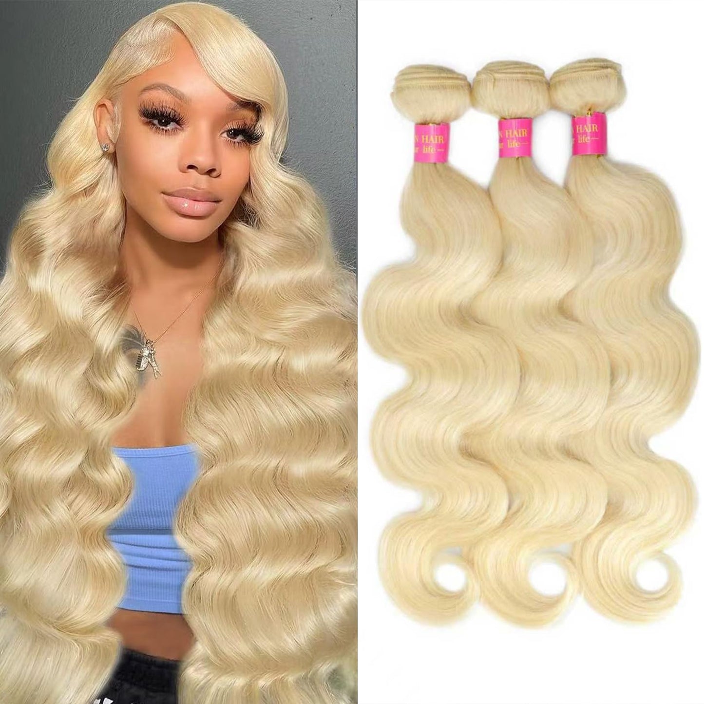 613 Body Wave Blonde Bundles Human Hair 18 20 22Inch 3 Bundles Human Blonde Hair Extensions，100% Real 14A Brazilian Virgin Raw Easy to Dye No Synthetic Blend No Tangle No Shedding 3X-Lifespan