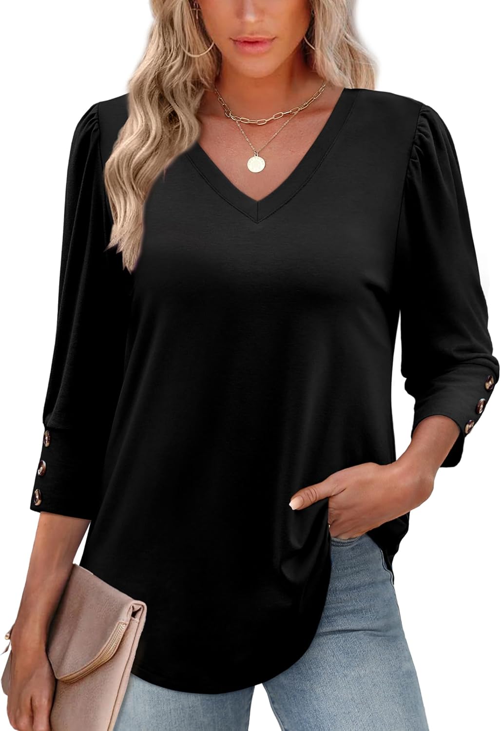 XIEERDUO Women's V-Neck 3/4 Sleeve Casual Blouse - Summer Beach Top | Stylish Fall Outfit