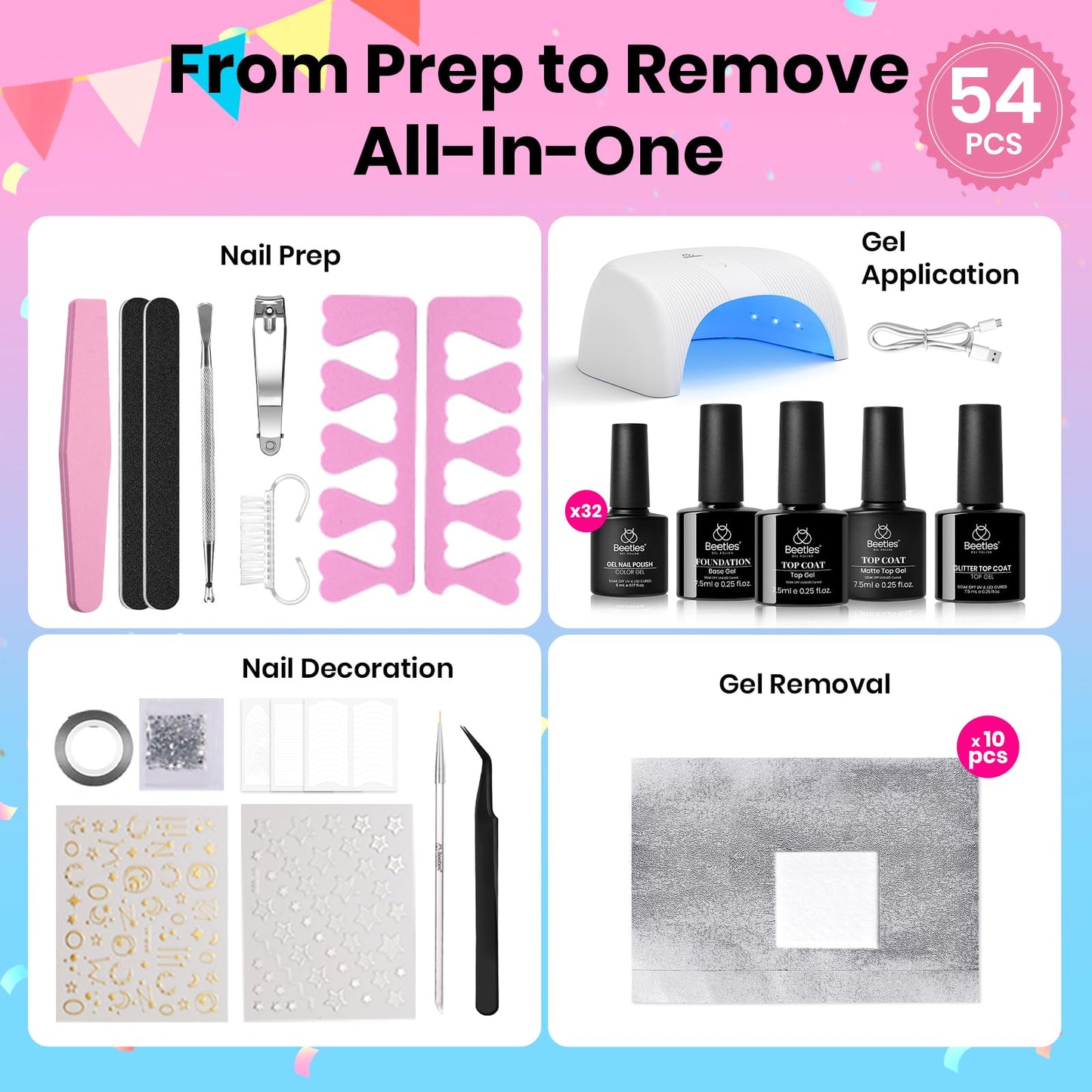 Beetles Gel Nail Polish Kit with U V Light -54 Pcs Gel Nail Kit Four Seasons Glow 32 Colors Set with Everything Base Top Coat Soak Off at Home Nail Kit Salon Manicure Beginner Gifts for Women Girls