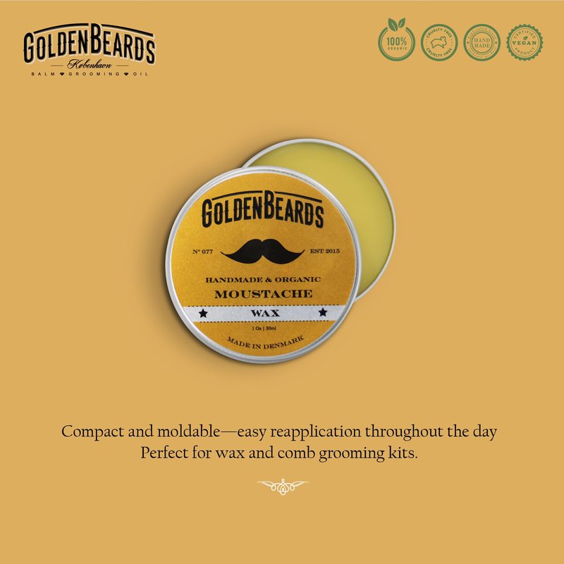Golden Beards Mustache Wax – Organic & Natural Medium Hold Styling Wax for Men, Nourishing Beeswax & Oils, Handmade in Denmark 30ml (1oz)