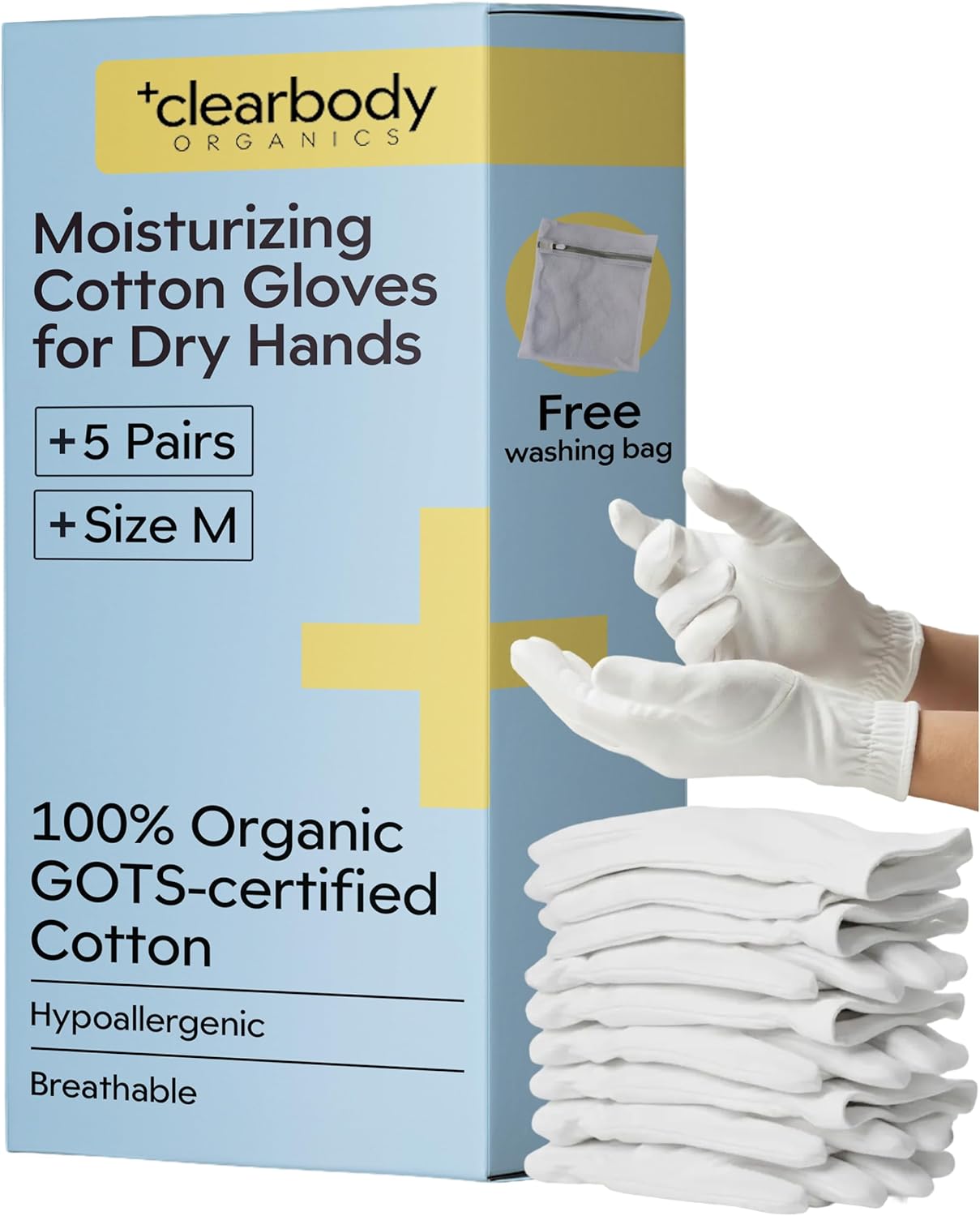 Clearbody Organics 100% Organic Cotton Gloves for Dry Hands - Breathable Eczema Moisturizing Gloves | 5 Pairs, Size M