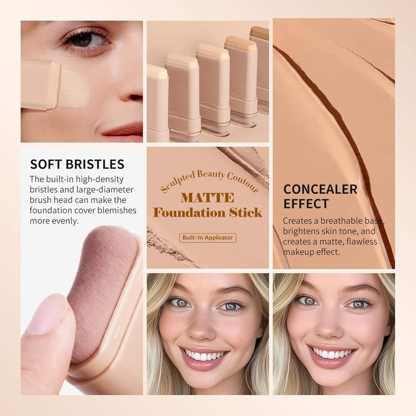Beauty Balm Serum - Dual-Ended Eraser Foundation Stick with Brush | Full Coverage Korean Makeup in #3 Warm Beige