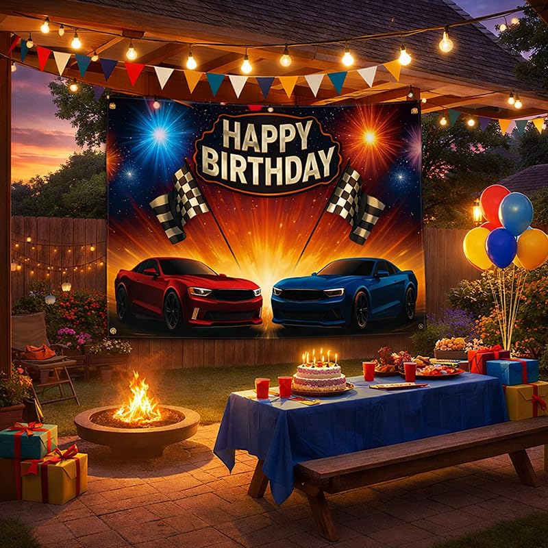 Racing Car Birthday Banner 71x43 Inch - Boys Party Backdrop