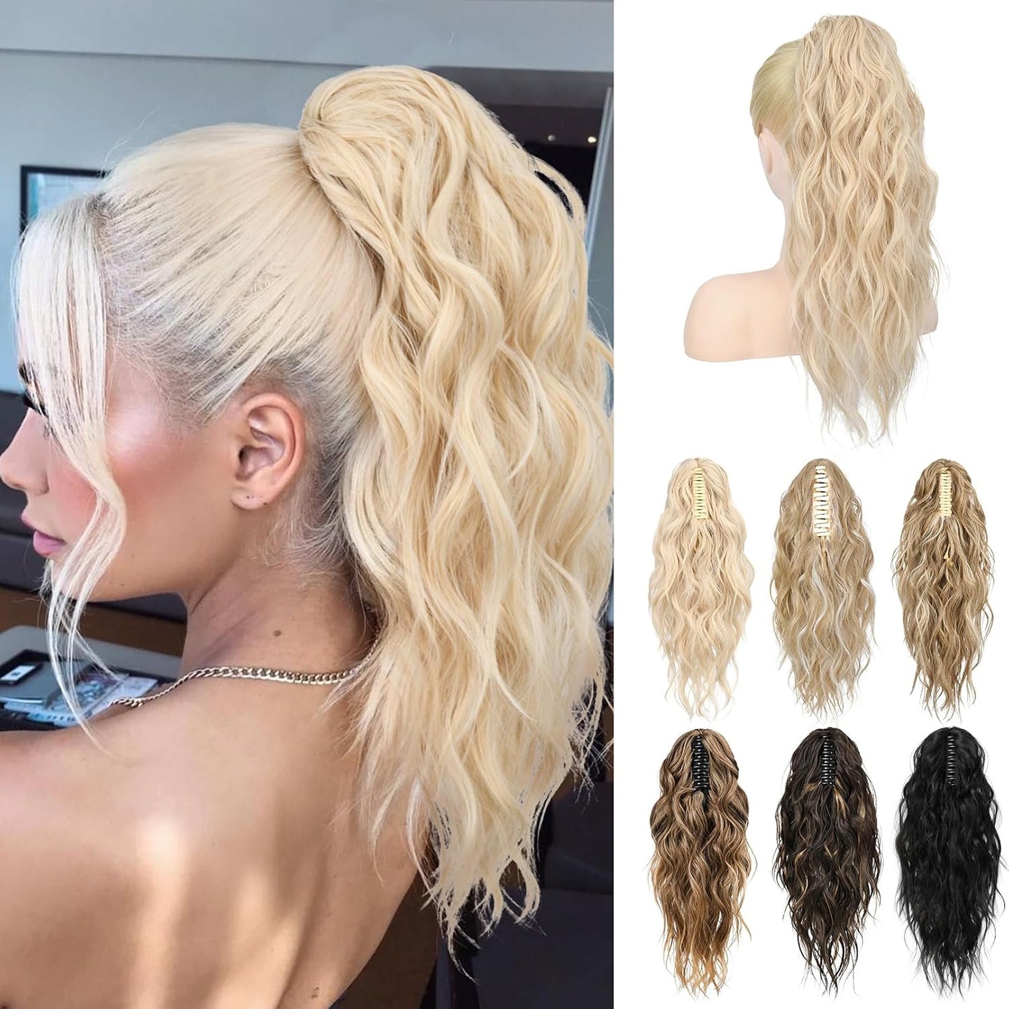 Ponytail Extension - 18" Wavy Claw Clip Hairpiece | Synthetic Curly Ponytail - Black Brown