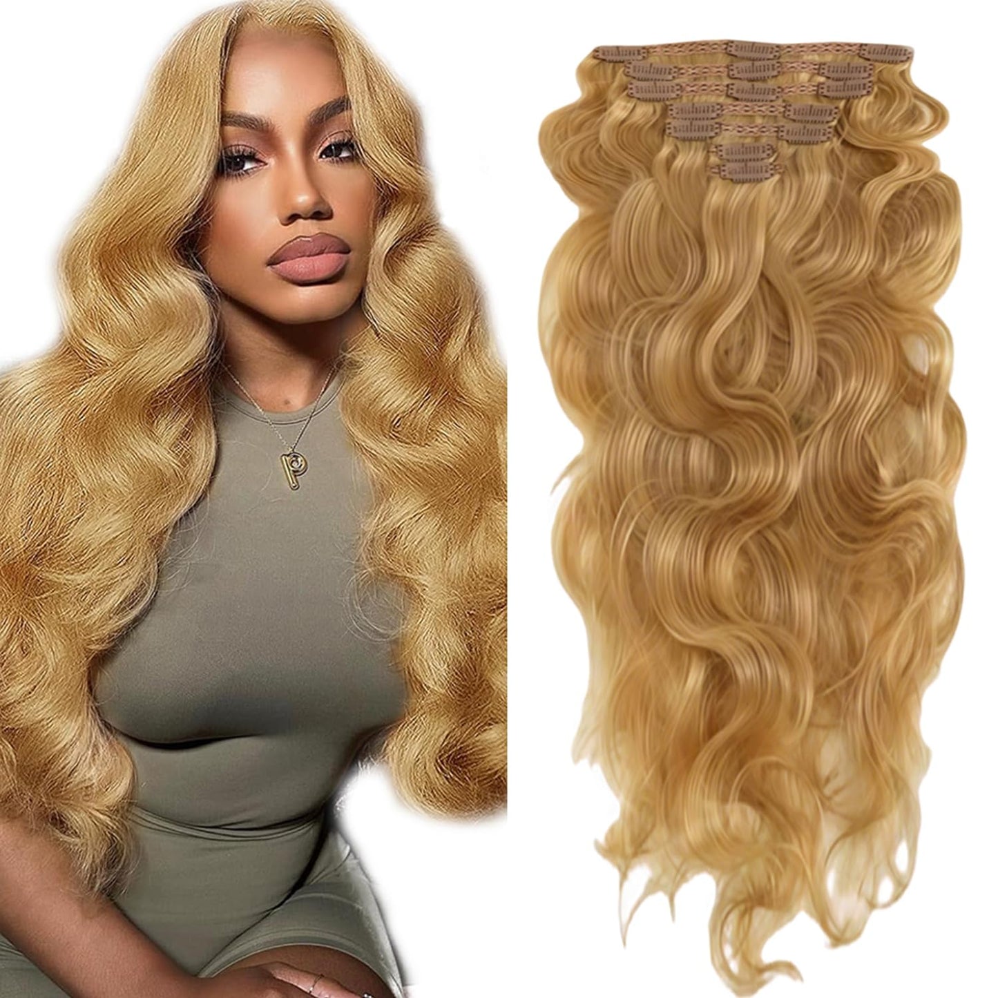 #27 Blonde Clip in Hair Extensions Real Human Hair, 22 Inch 120g/7Pcs,Full Shine Remy Human Hair,Honey Blonde Long Wave Clip ins Brazilian Virgin Human Hair Extensions